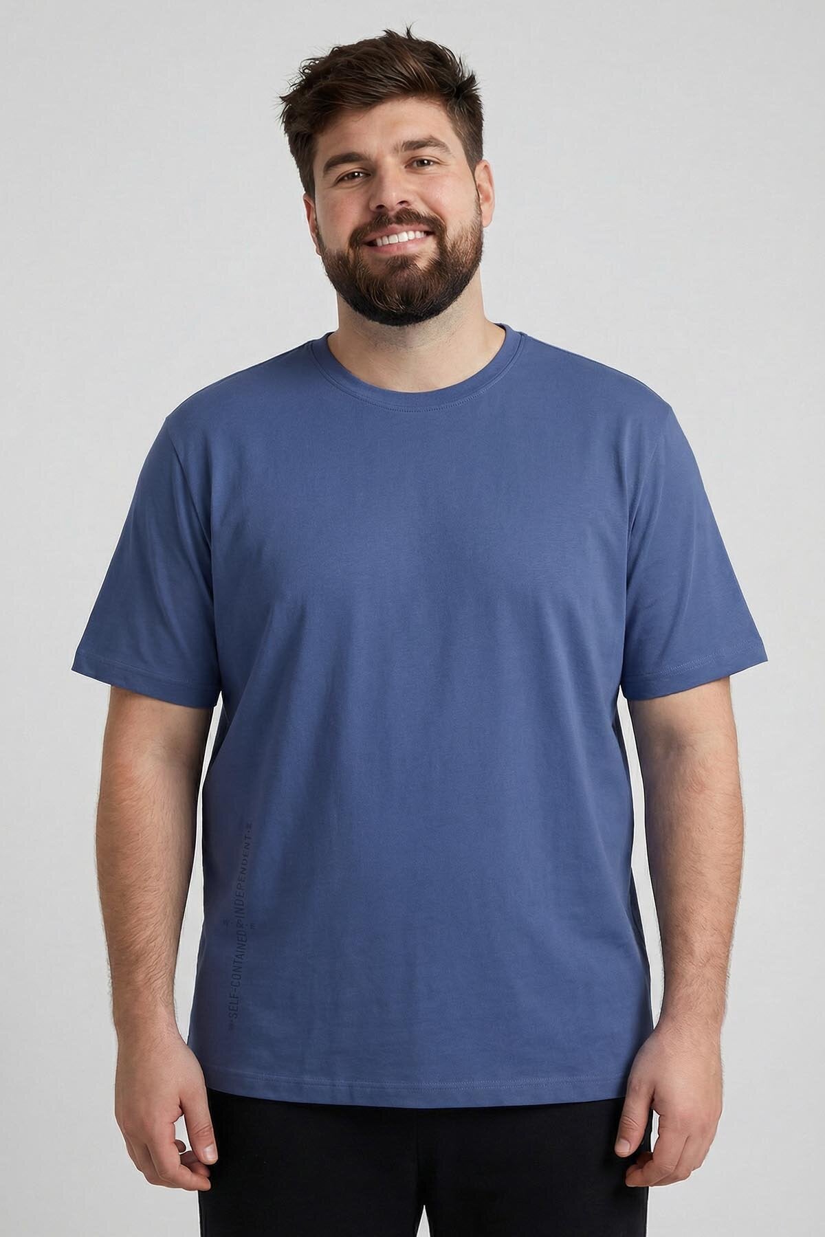 Koyu Mavi Baskılı O Yaka Rahat Form Battal Büyük Beden Erkek T-Shirt - 88472