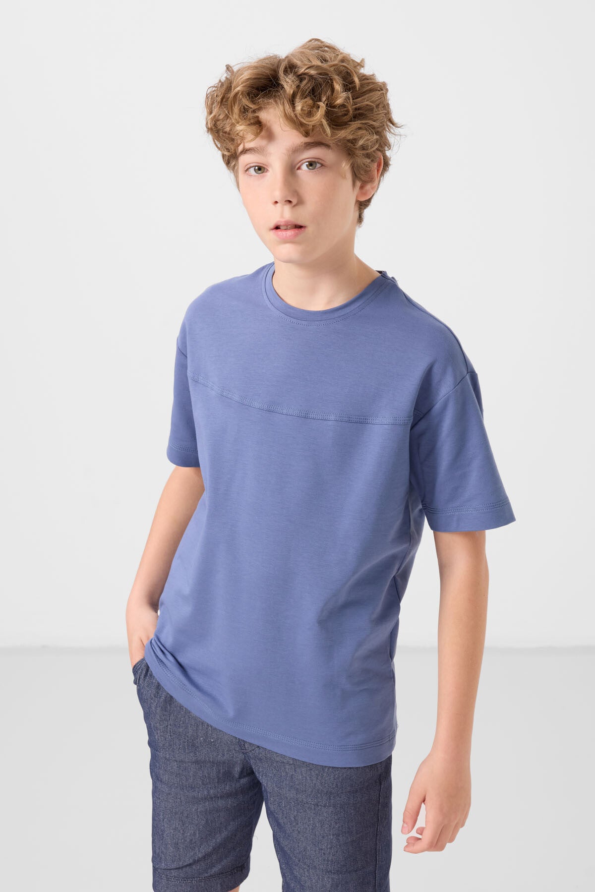 Koyu Mavi-Kot Lacivert Pamuklu Oversize Fit Dokuma Hafif Esnek Chino Erkek Çocuk Şort Takım - 11279