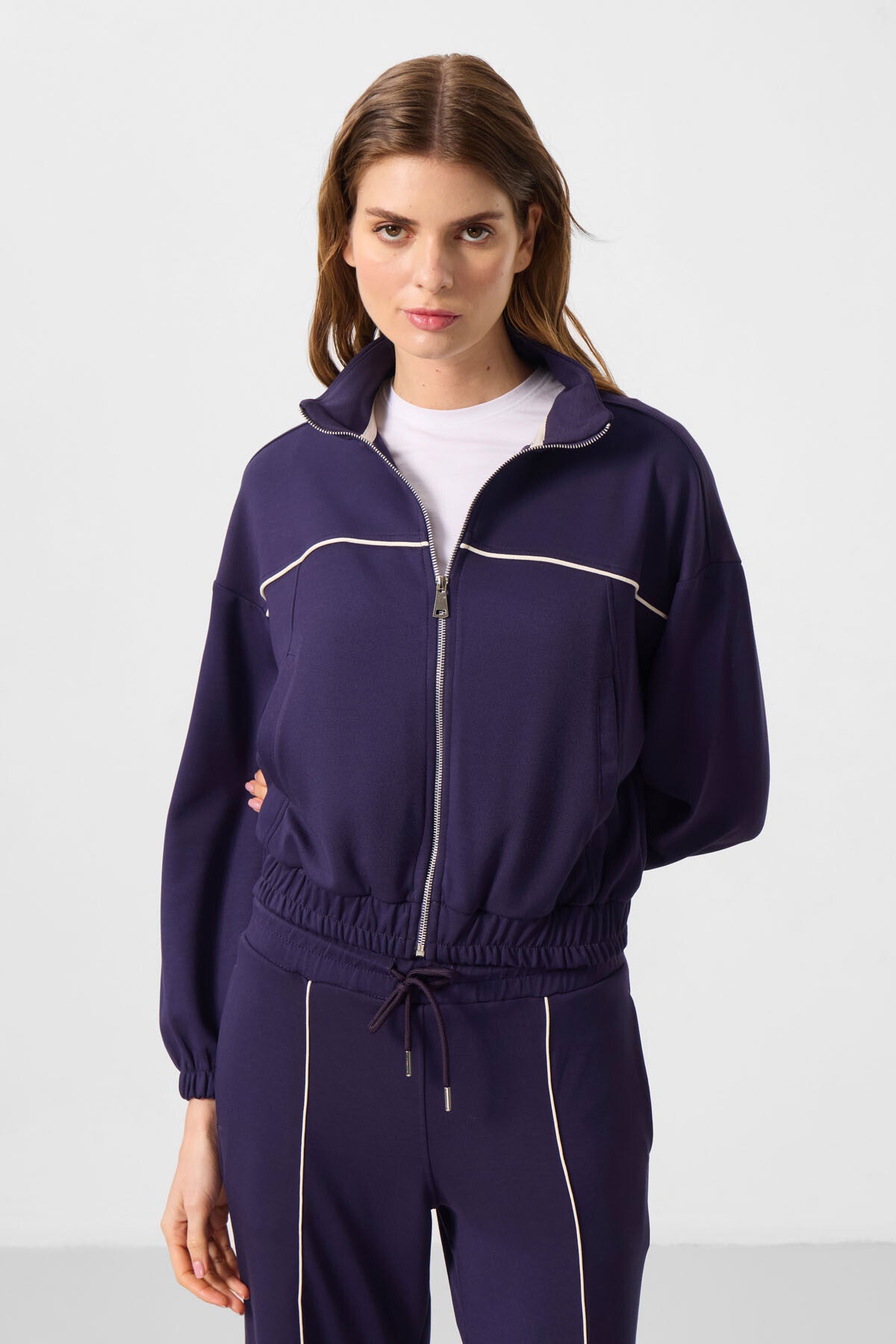 Koyu Mor Yumuşak Dokulu Dik Yaka Oversize Lastikli Kadın Eşofman Takım - 95349