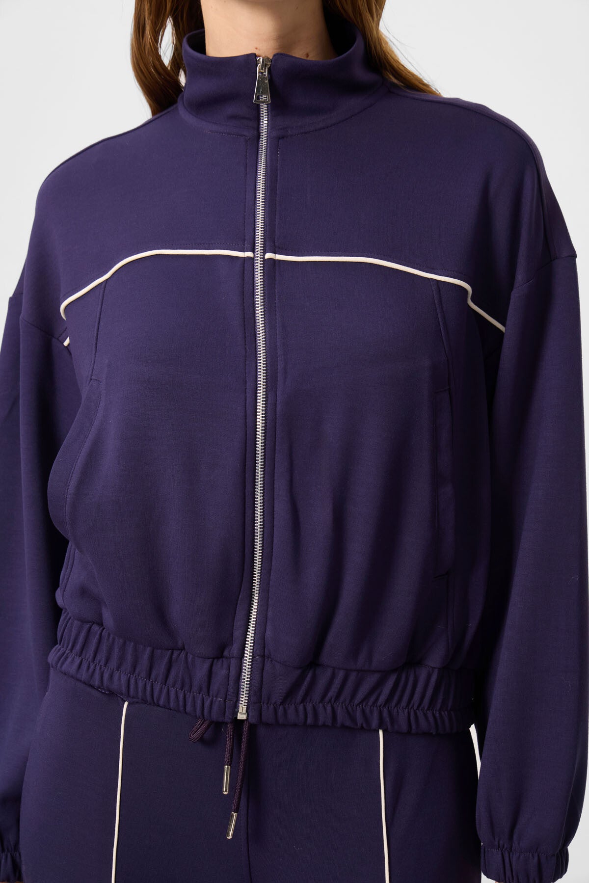 Koyu Mor Yumuşak Dokulu Dik Yaka Oversize Lastikli Kadın Eşofman Takım - 95349