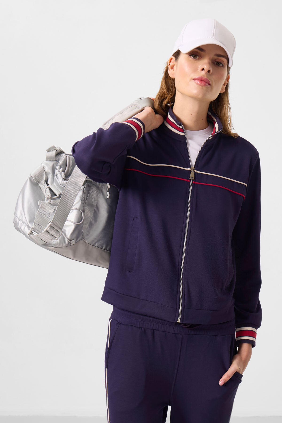 Koyu Mor Yumuşak Dokulu Triko Dik Yaka Oversize Kadın Eşofman Takım - 95350