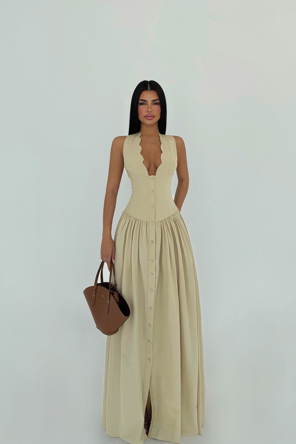 Krem Emilie Uzun Elbise ATE-2341