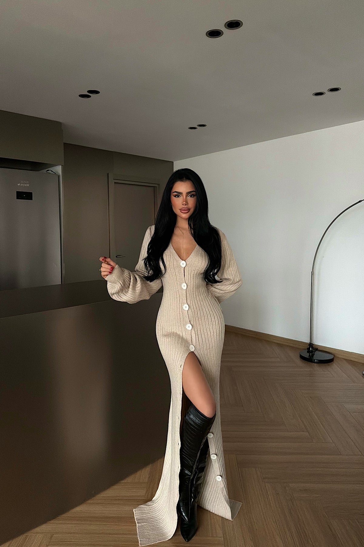 Krem Ophelie Triko Elbise ATE-4461