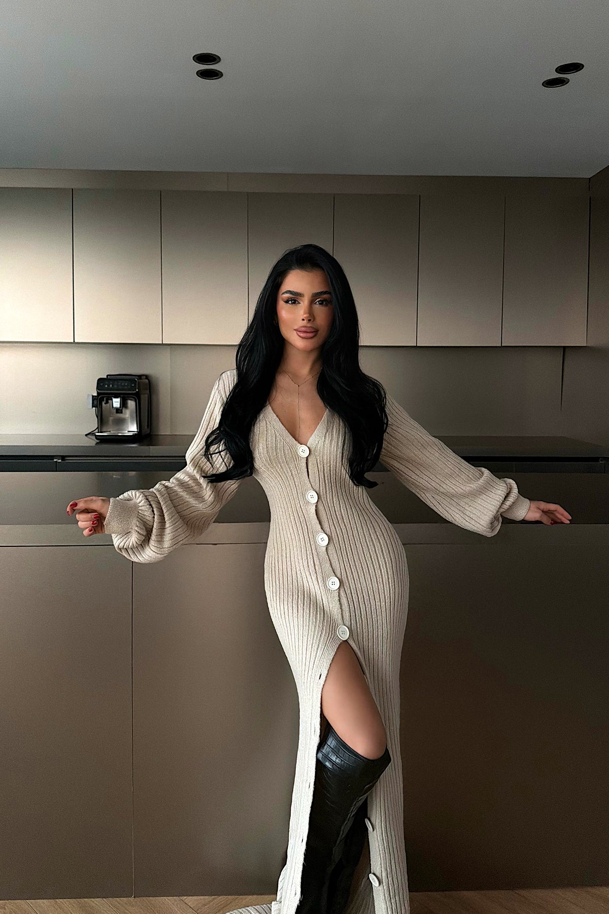 Krem Ophelie Triko Elbise ATE-4461