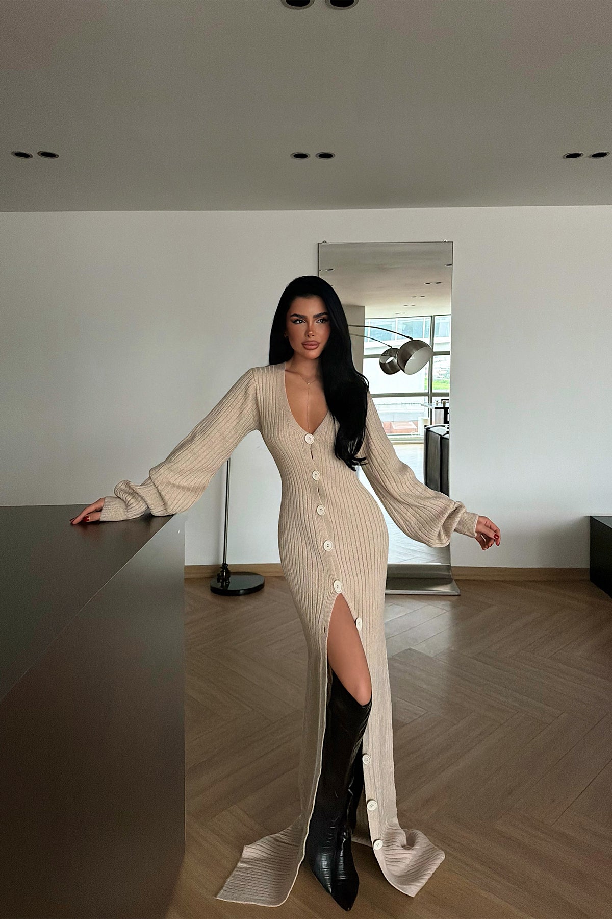 Krem Ophelie Triko Elbise ATE-4461