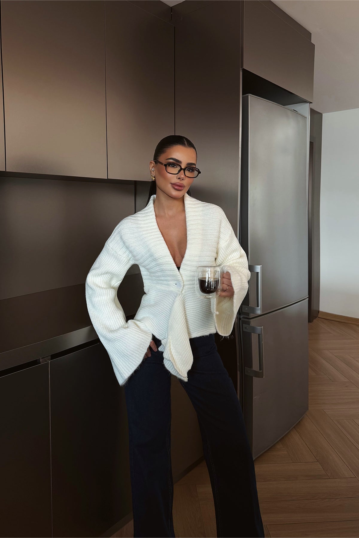 Krem Düğme Detay Hırka ATE-4616