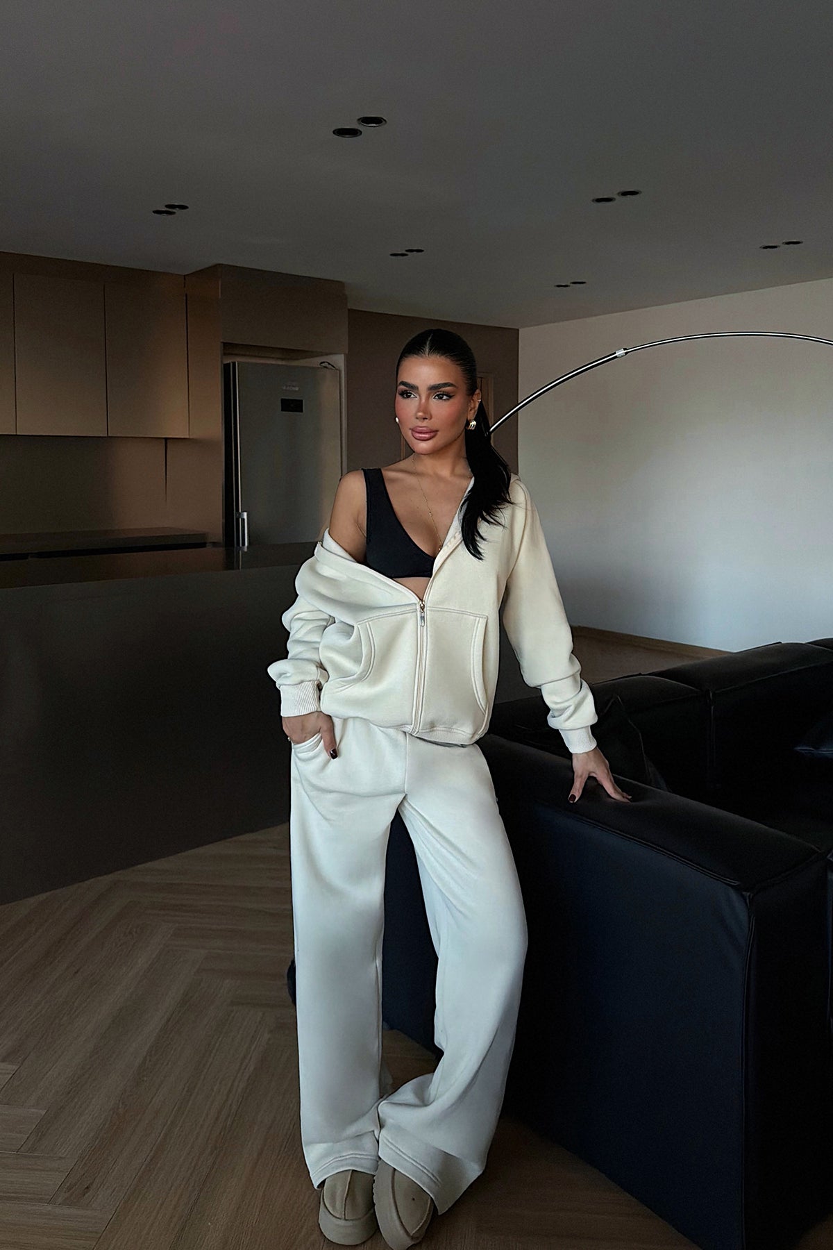 Krem Bonny Fermuarlı Eşofman Takım ATE-3871