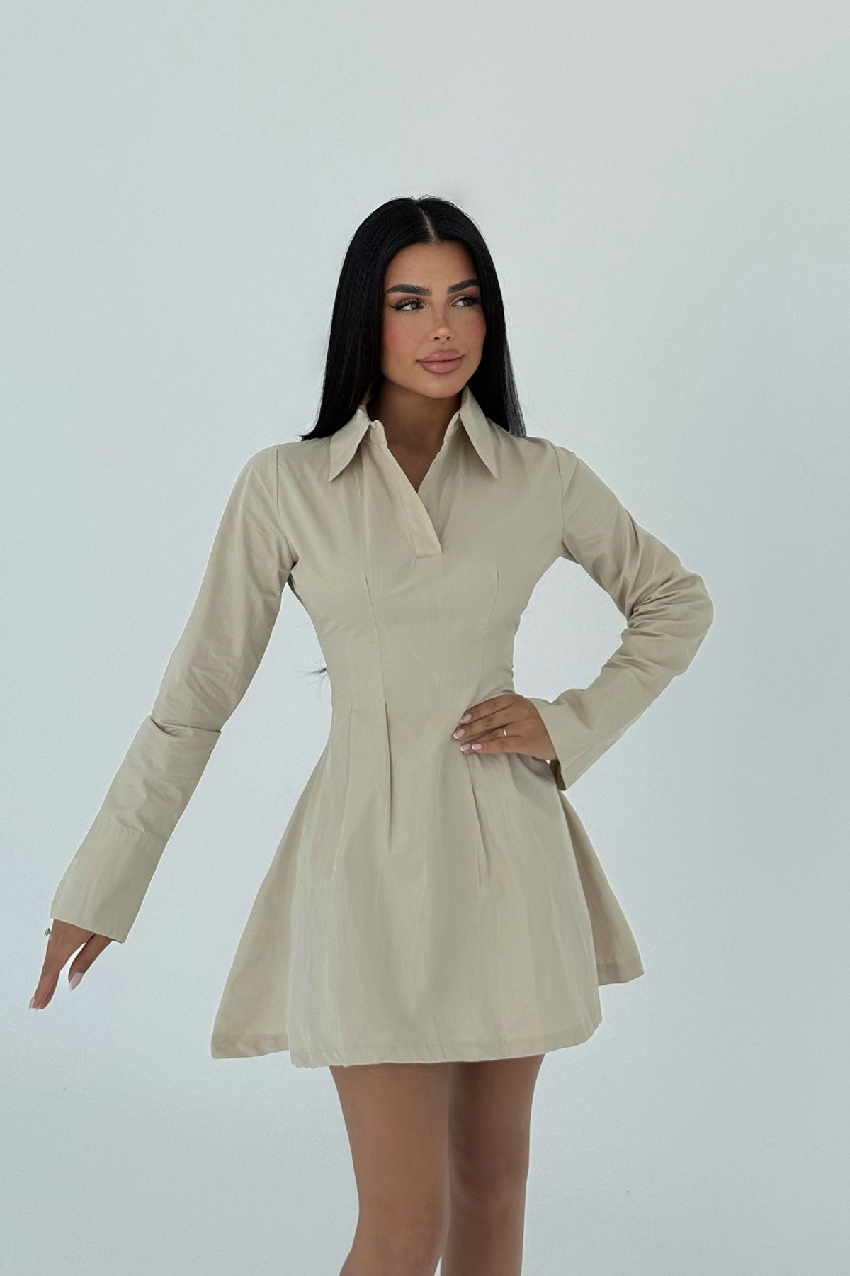 Krem Herda Kloş Elbise ATE-2255