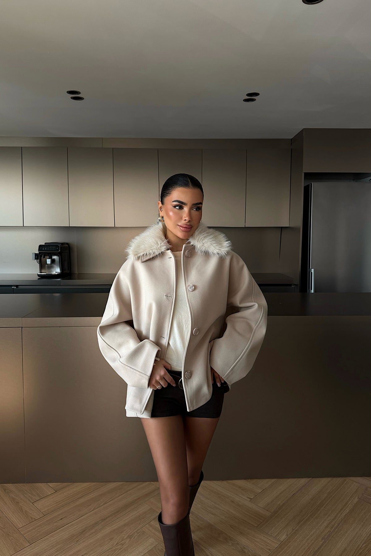 Krem Kürk Detay Ceket ATE-4735