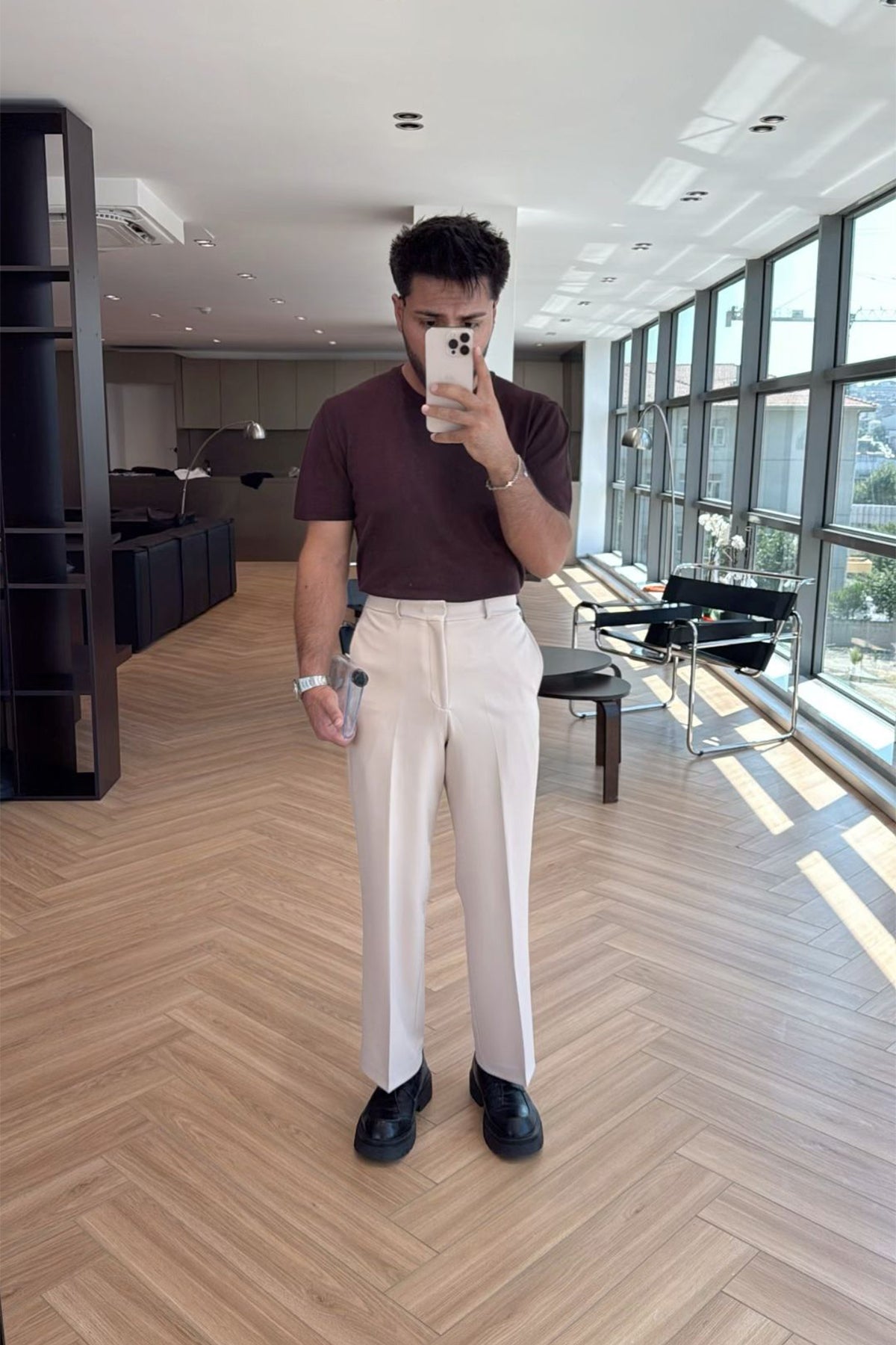 Krem Palazzo Yüksek Bel Pantolon ATE-3243