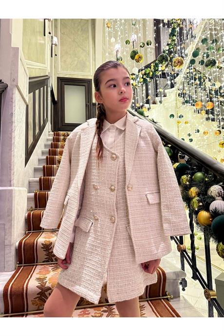 Krem Simli Blazer Ceket Krem 6 Yaş