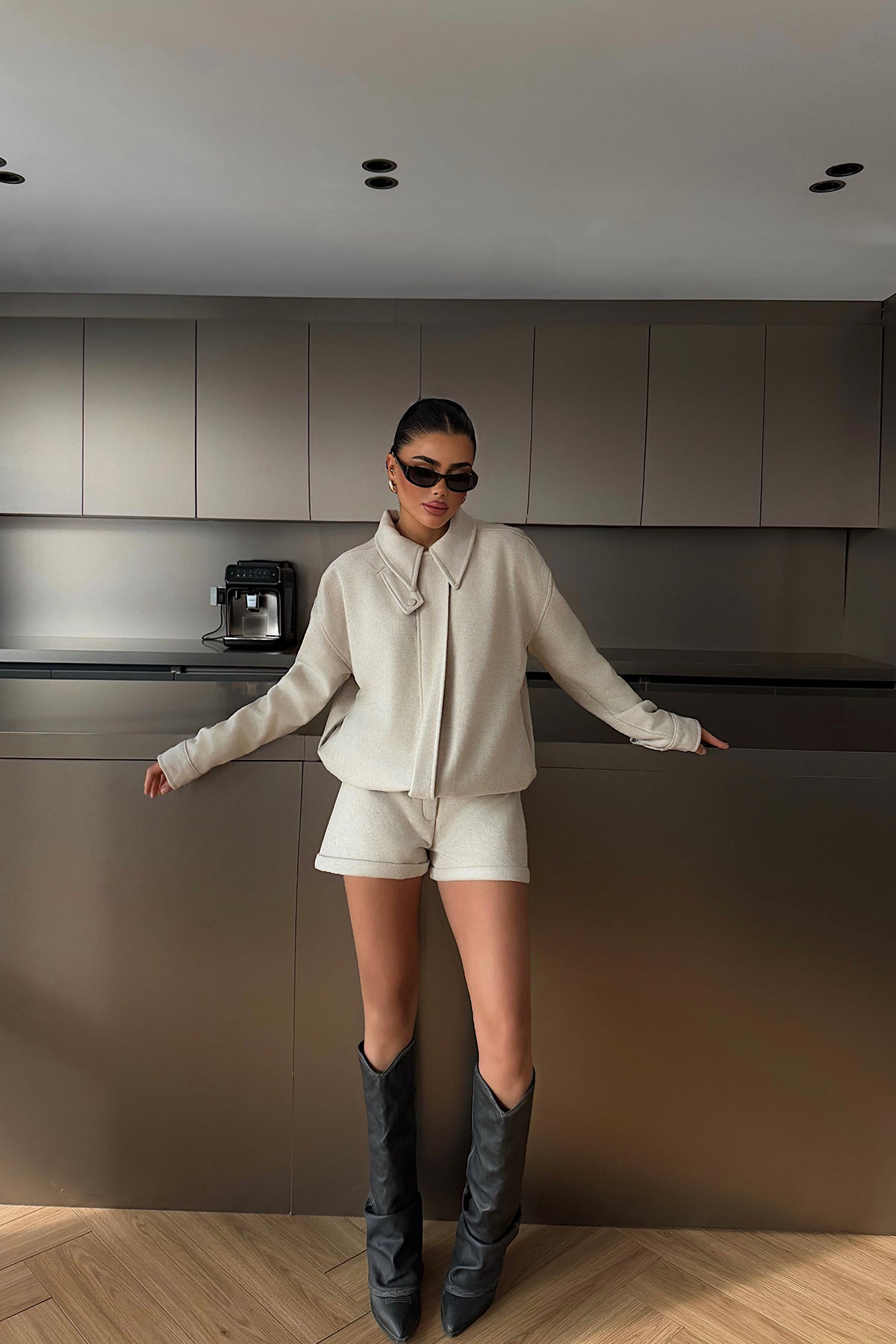 Krem Marner Şort Ceket Takım ATE-4487