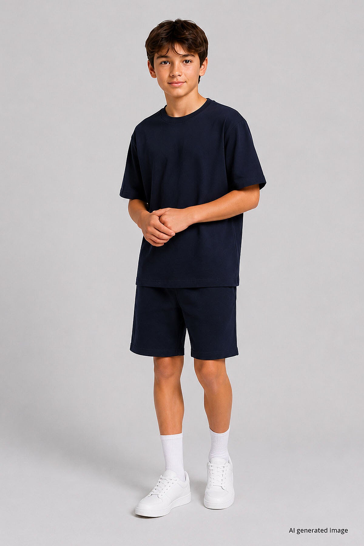 Lacivert Oversize Fit Basic Erkek Çocuk Şort Takım - 11335