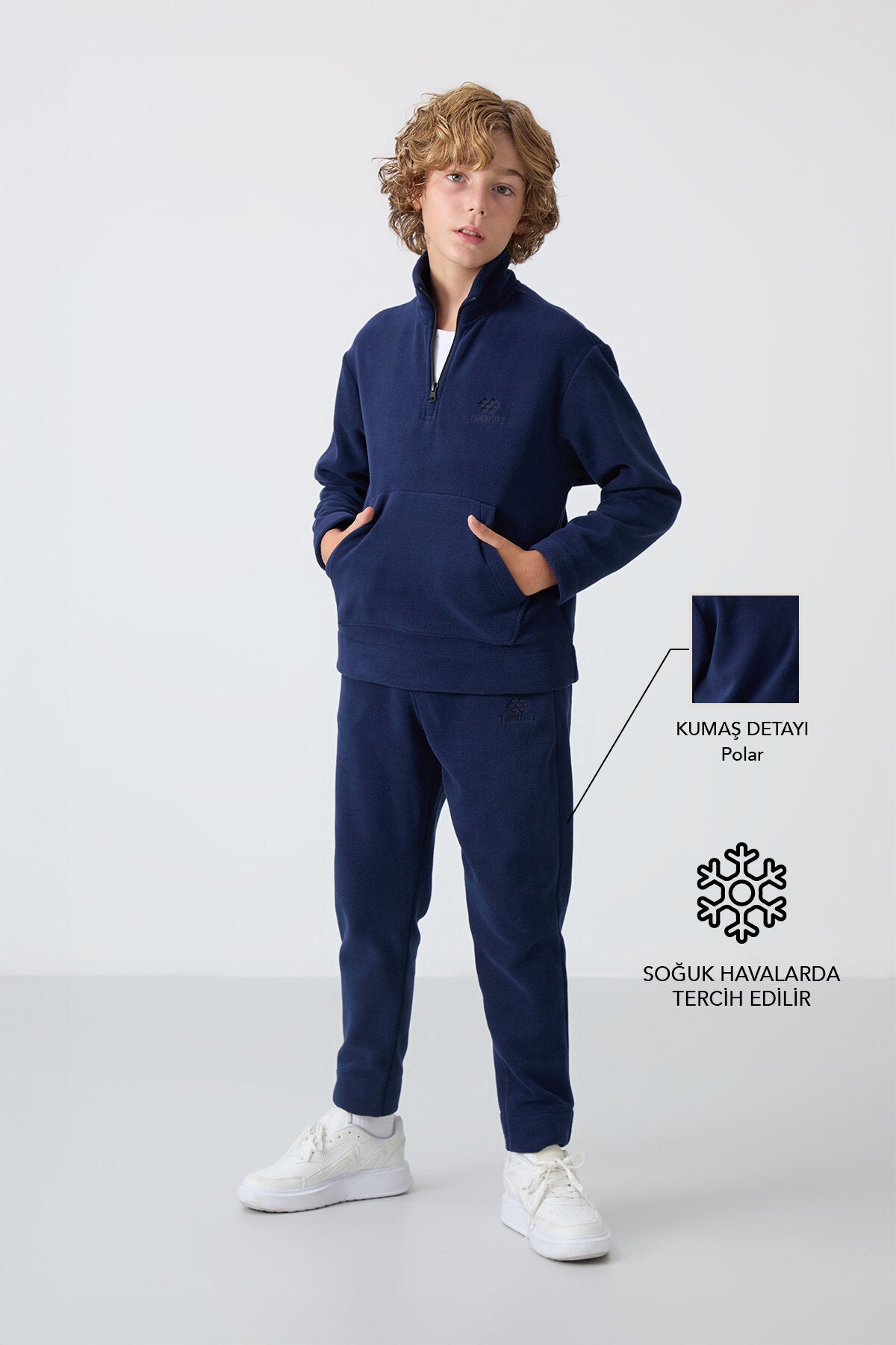 Lacivert Kalın Yumuşak Dokulu Standart Fit Nakışlı Polar Erkek Çocuk Eşofman Takım - 11218