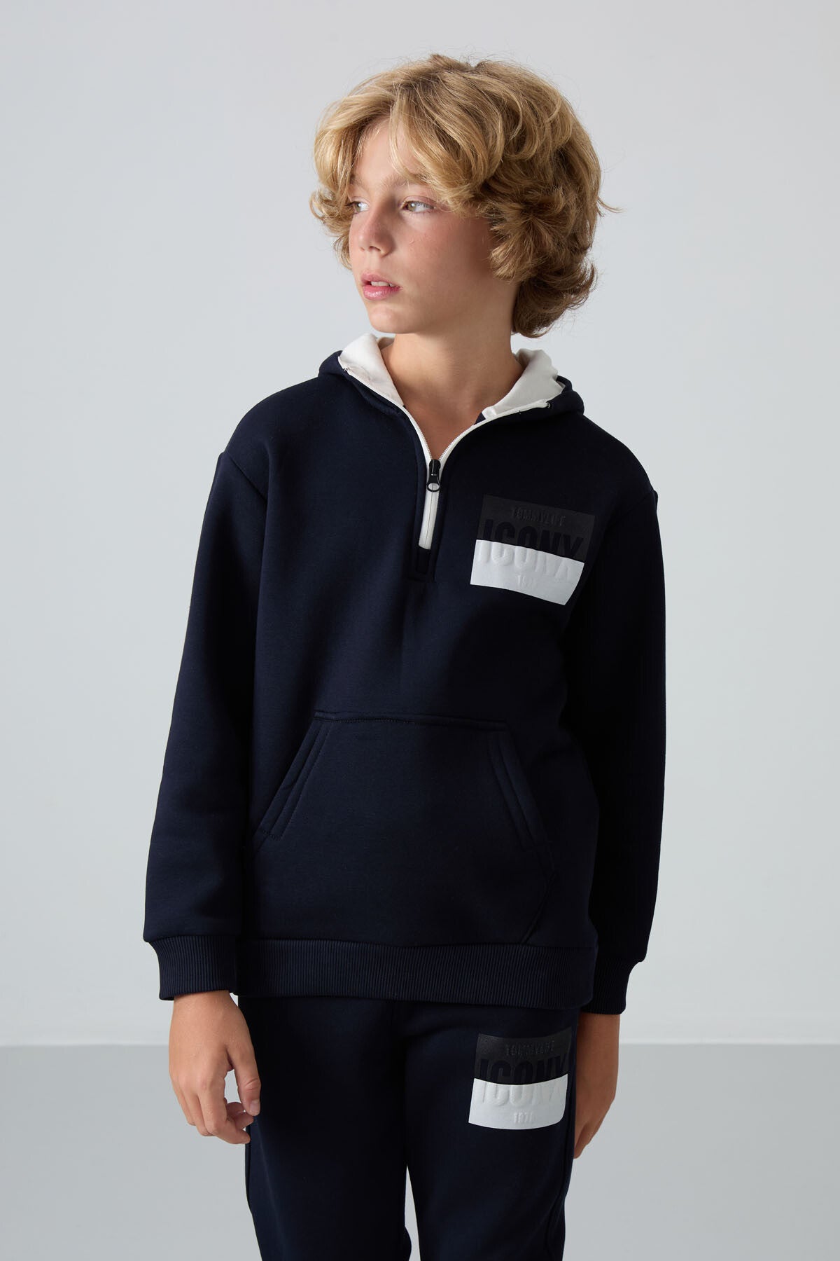 Lacivert Pamuklu Kalın İçi Tüylü Standart Fit Baskılı Erkek Çocuk Eşofman Takım - 11246