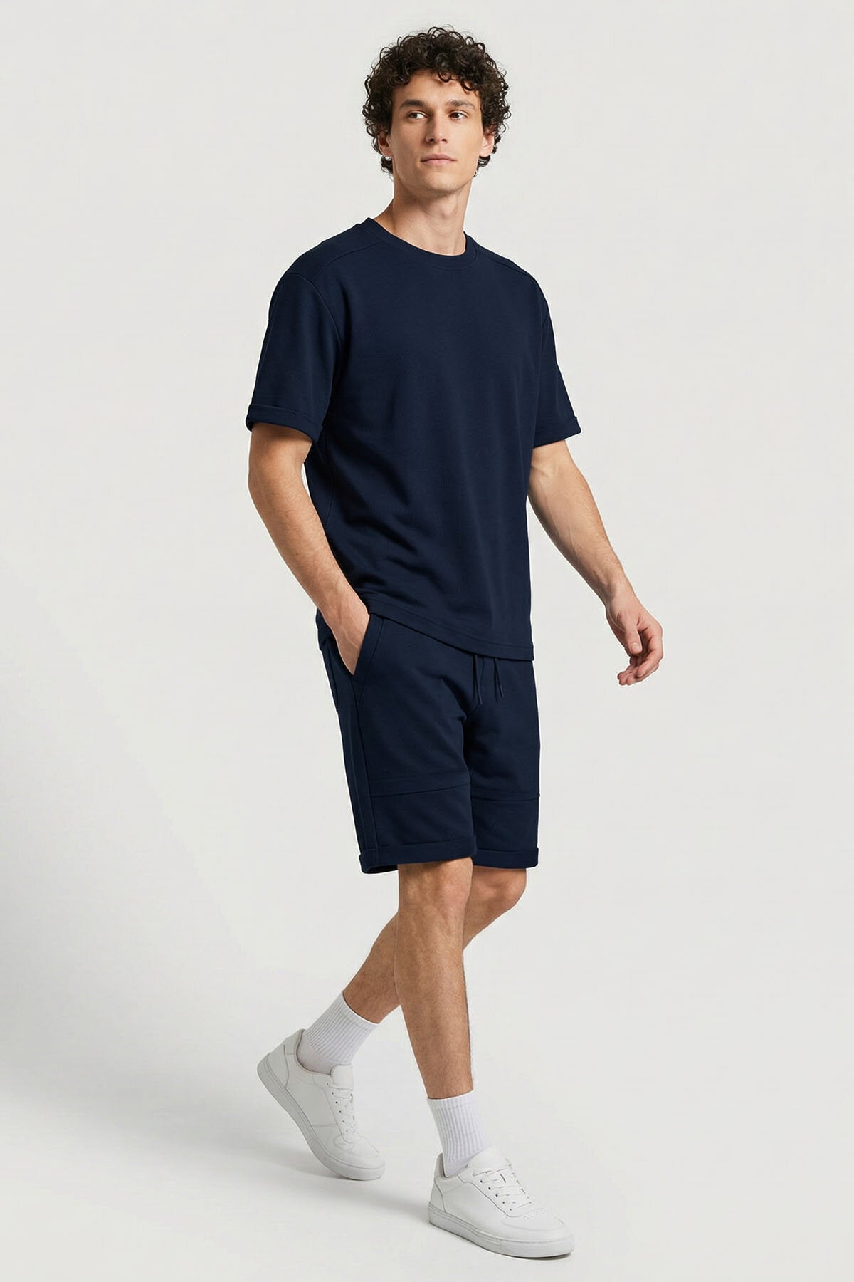 Lacivert Oversize Fit Yumuşak Dokulu Basic Erkek Şort Takım - 85274