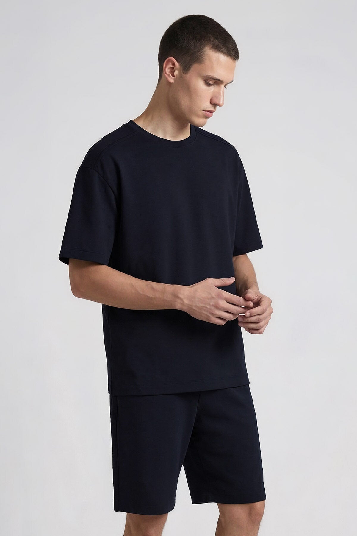 Lacivert Oversize Fit Basic Erkek Şort Takım - 85292