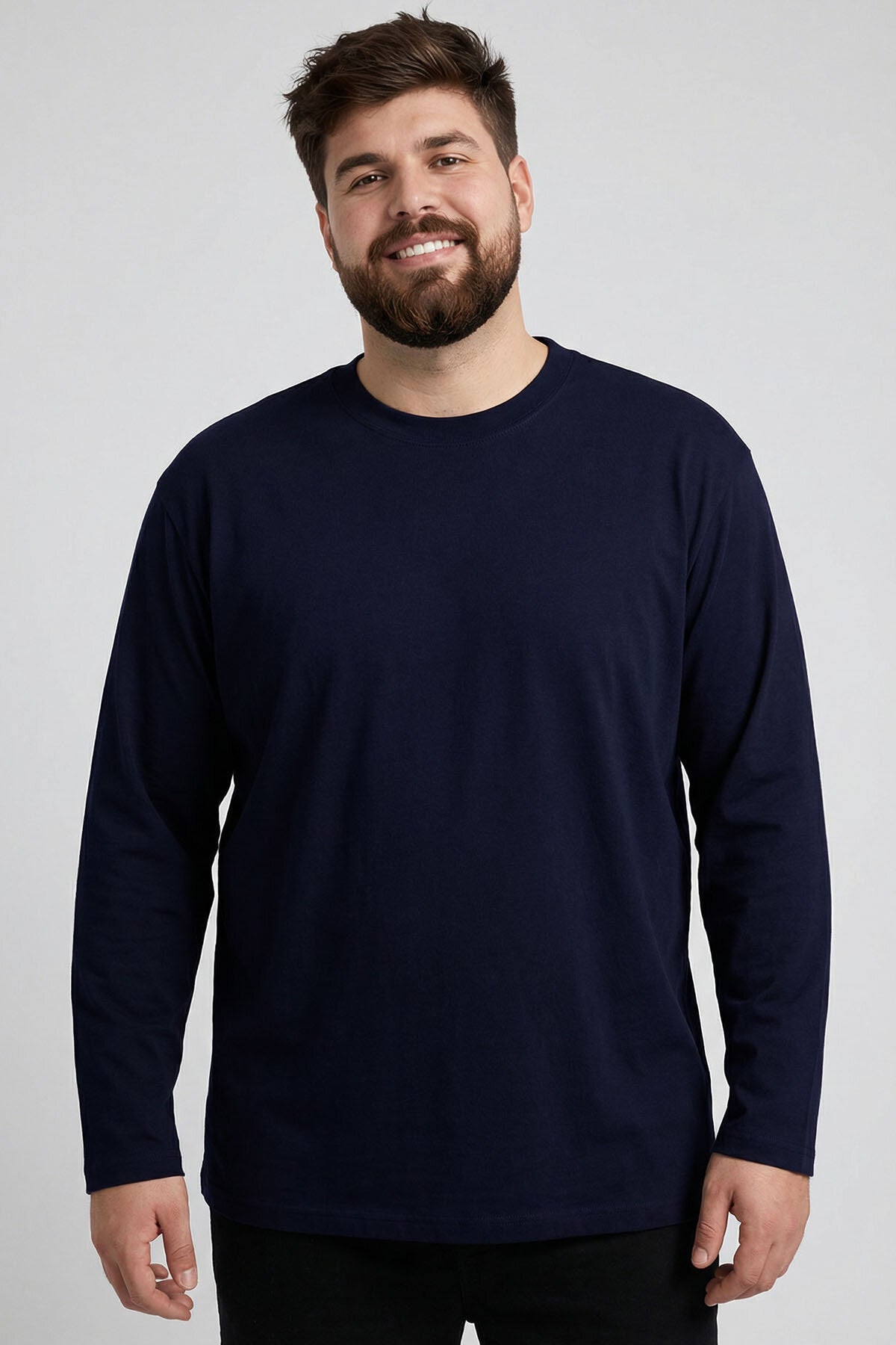 Lacivert O Yaka Rahat Form Battal Büyük Beden Uzun Kollu Erkek T-Shirt - 88107