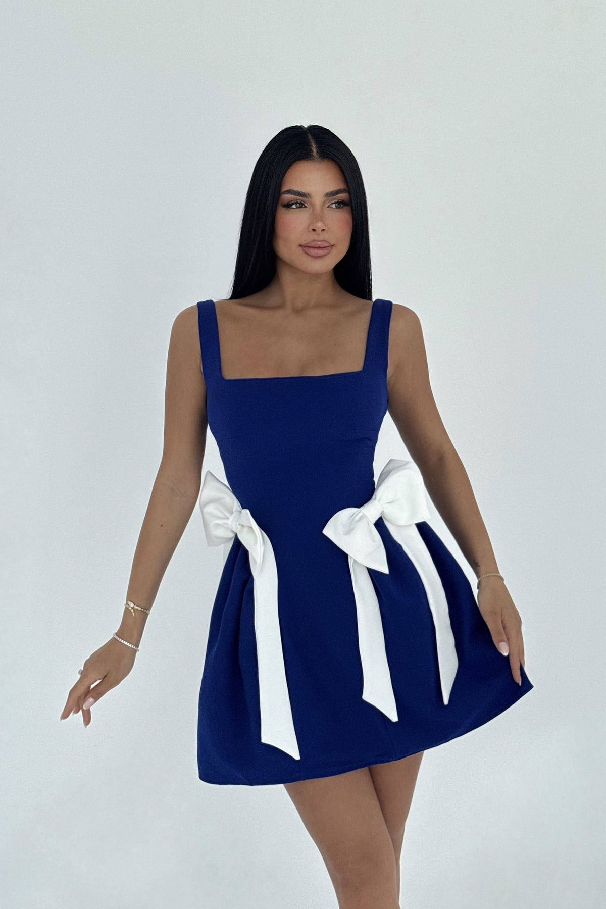 Lacivert Nellie Fiyonk Detaylı Mini Elbise ATE-2717