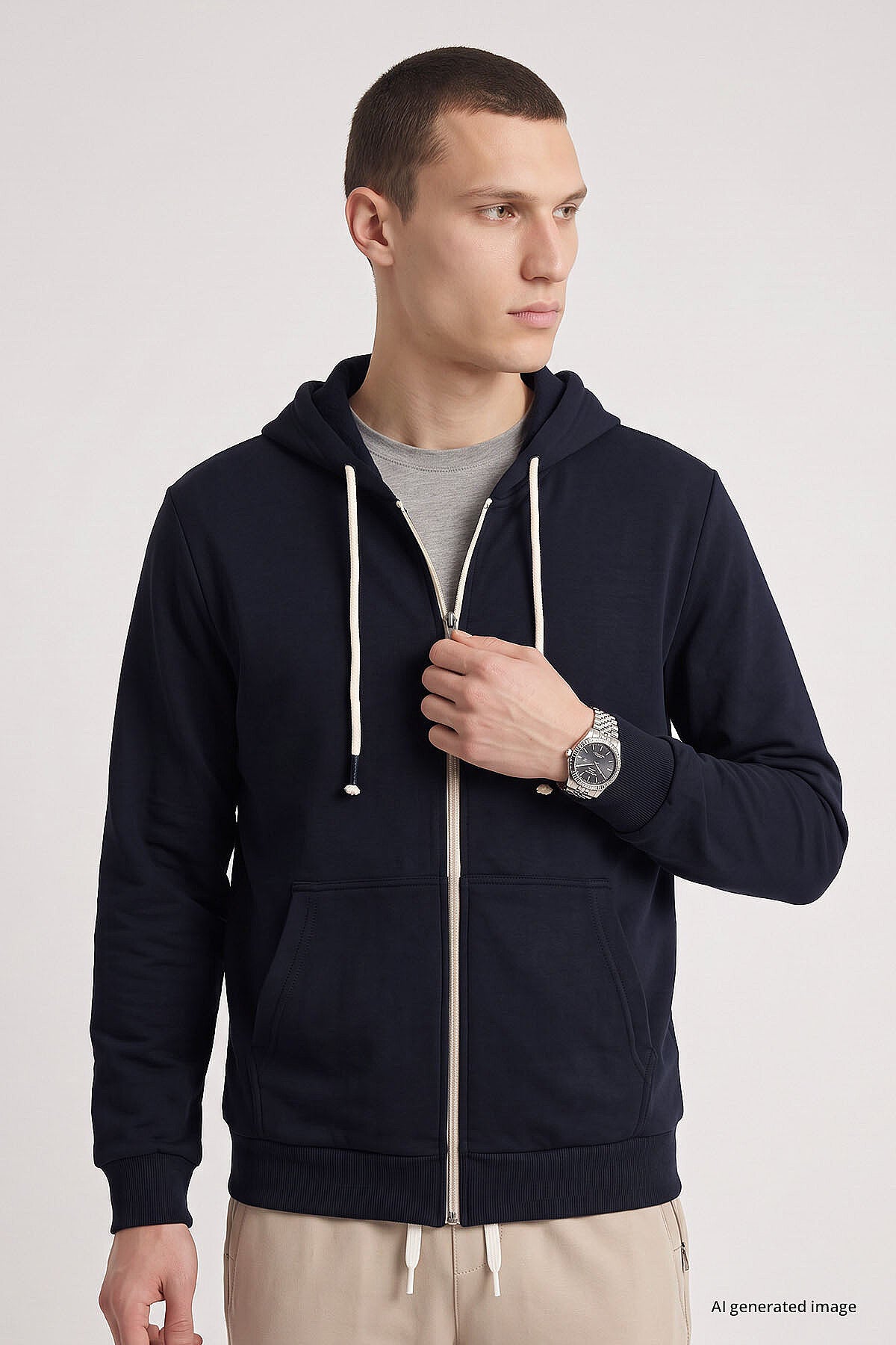 Lacivert Standart Kalıp Basic Fermuarlı Erkek Sweatshirt - 88514
