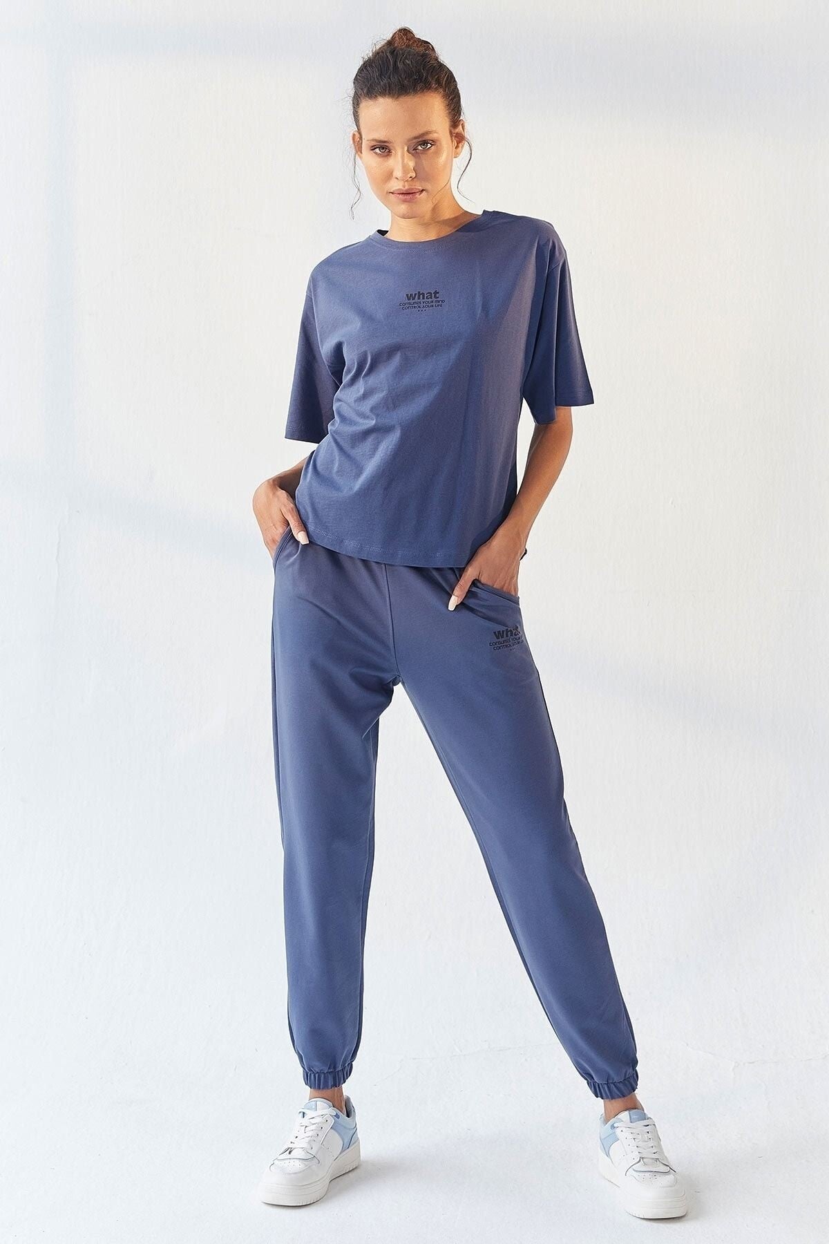 BAYAN OVERSIZE EŞOFMAN TAKIM T-SHIRT/LASTİKLİ JOGGER PETROL-PETROL