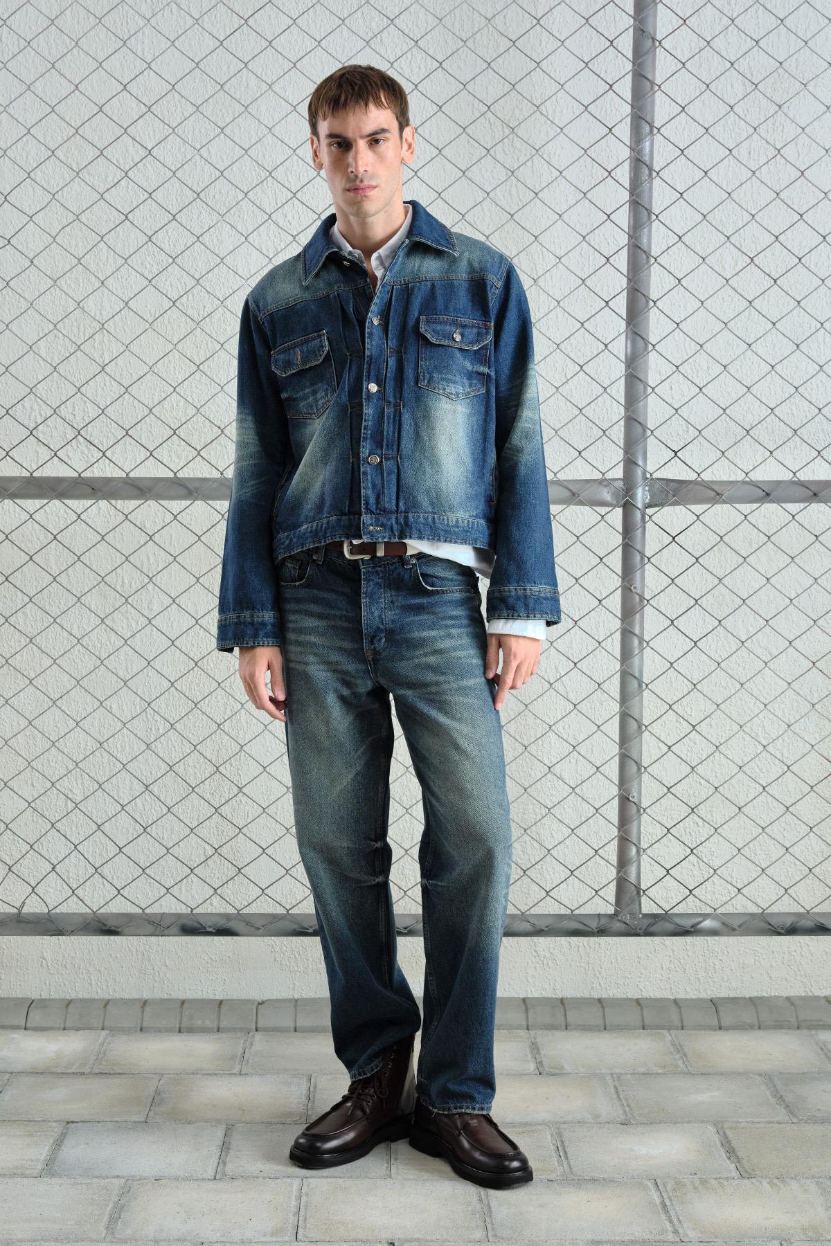 Lazer Efektli Yıkamalı Denim Ceket