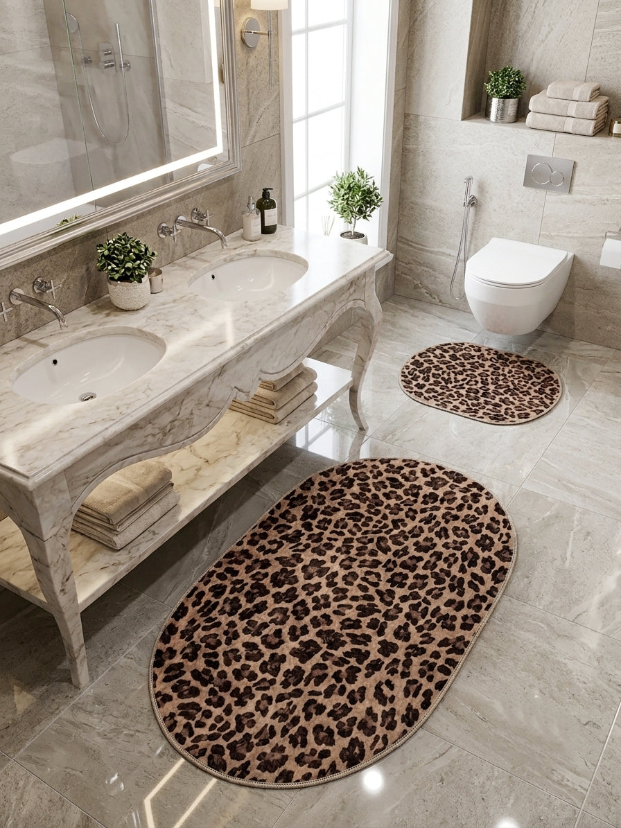 Leopar Desenli Lateks Taban 2'li Banyo Paspası (70x110-70x50)
