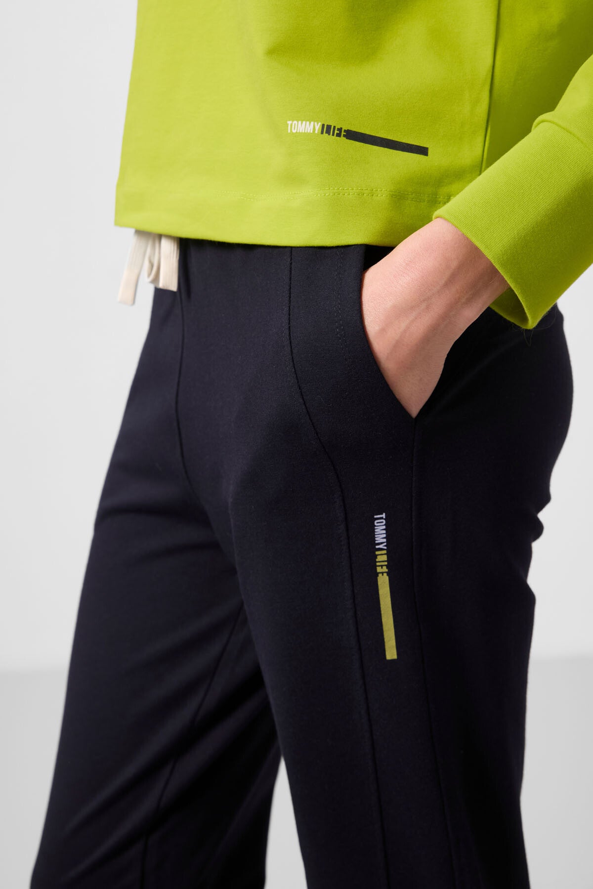 Lime Yeşil-Lacivert Kapüşonlu Oversize Kadın Eşofman Takım - 95336