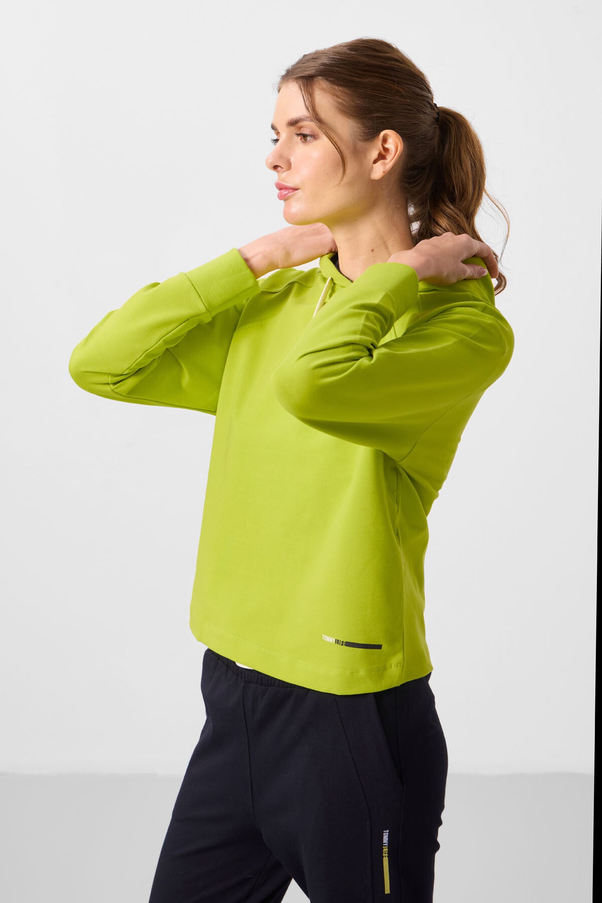 Lime Yeşil-Lacivert Kapüşonlu Oversize Kadın Eşofman Takım - 95336