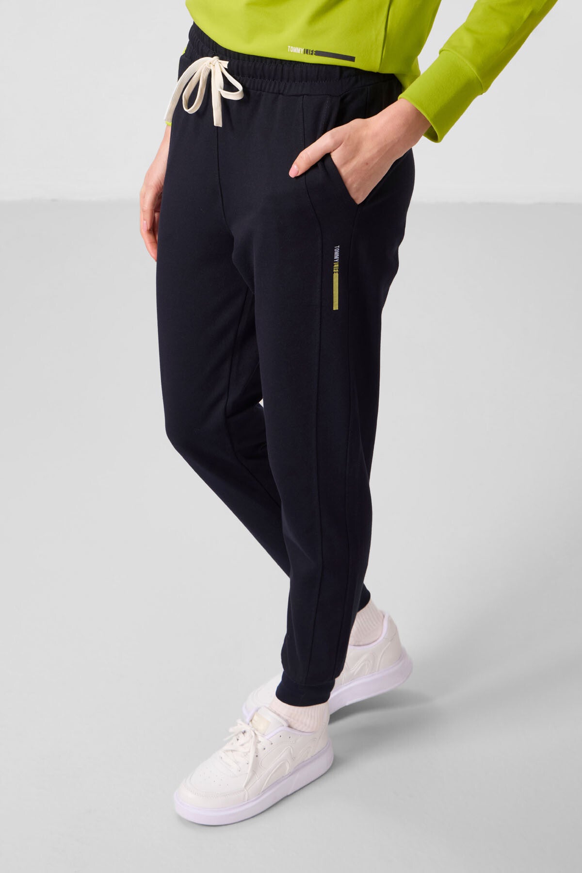 Lime Yeşil-Lacivert Kapüşonlu Oversize Kadın Eşofman Takım - 95336