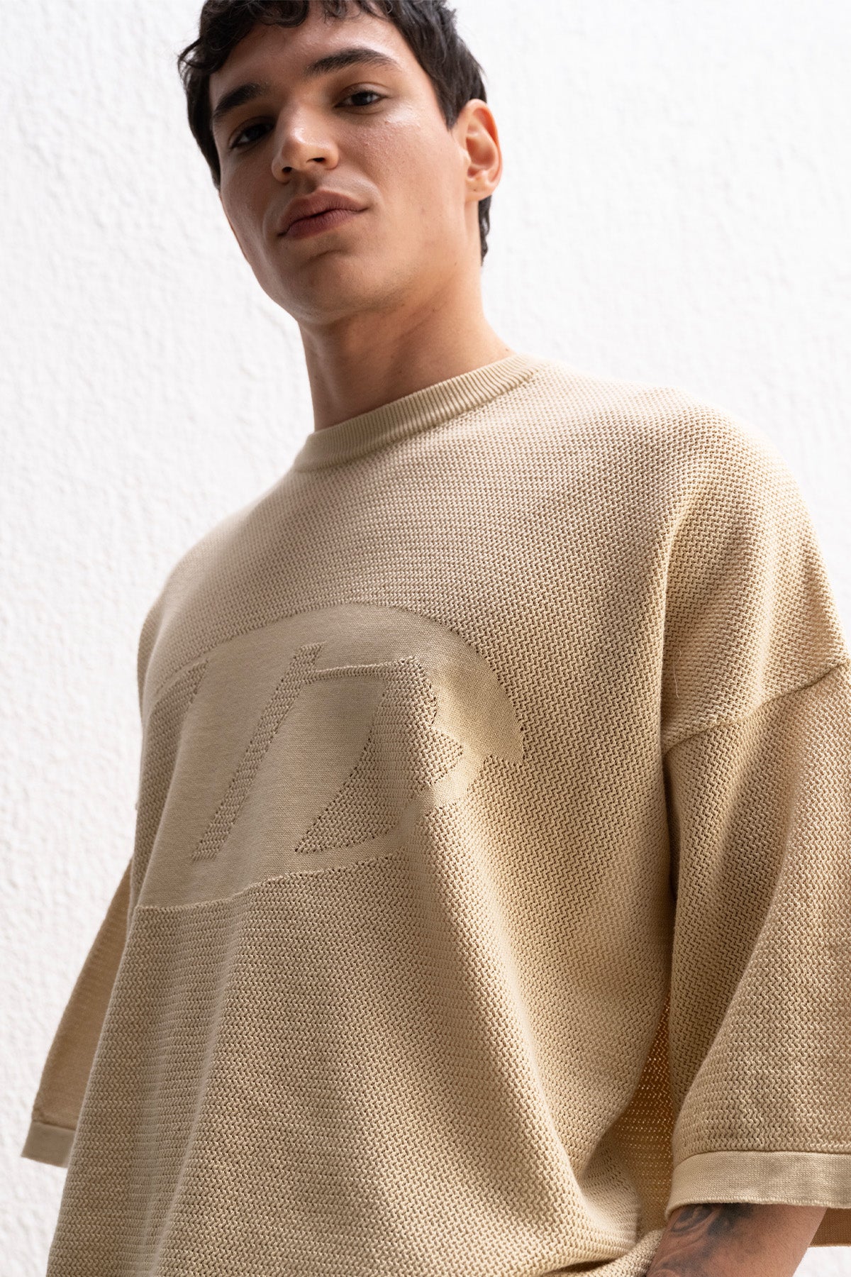 LOGO DETAYLI TRİKO BEJ T-SHIRT - BEJ XL