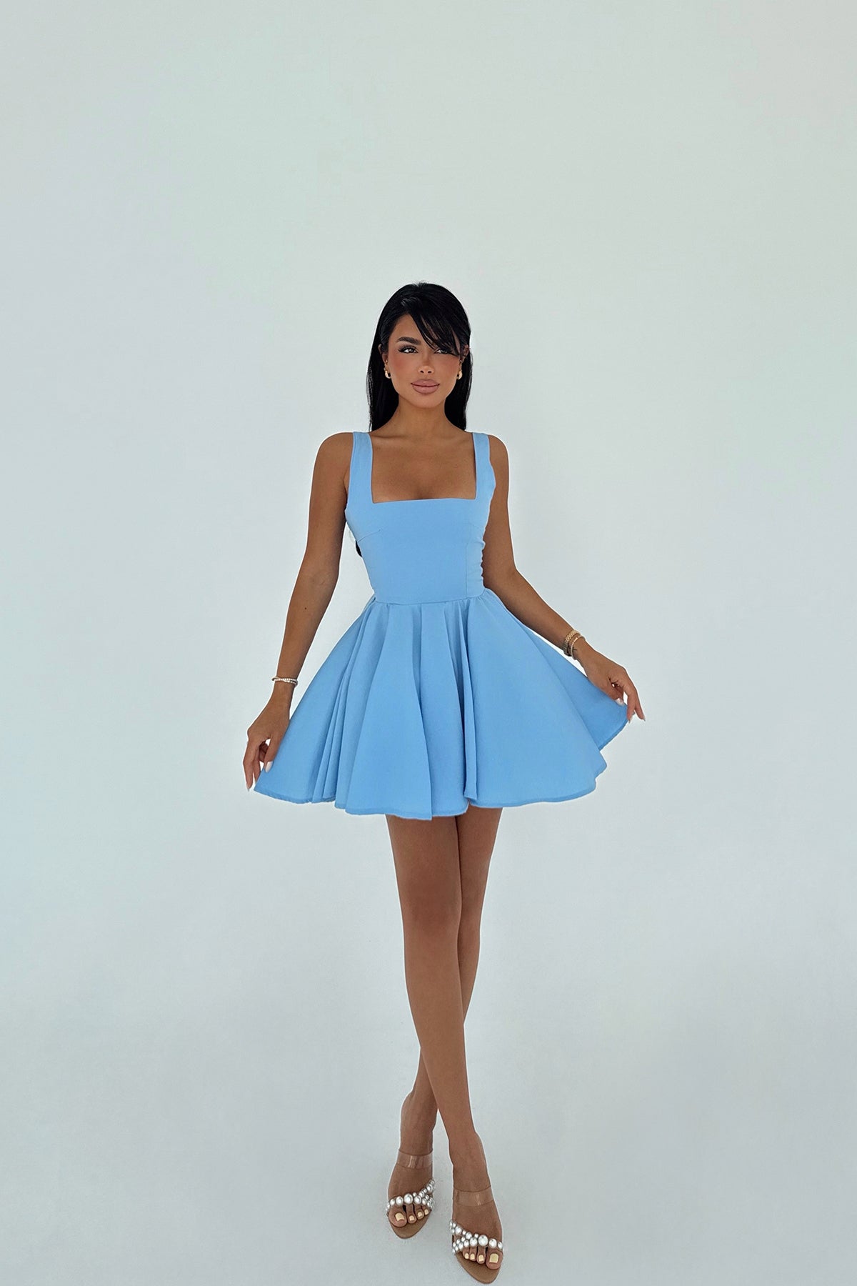 Mavi Nolan Arkası Fiyonk Detaylı Mini Elbise ATE-2949