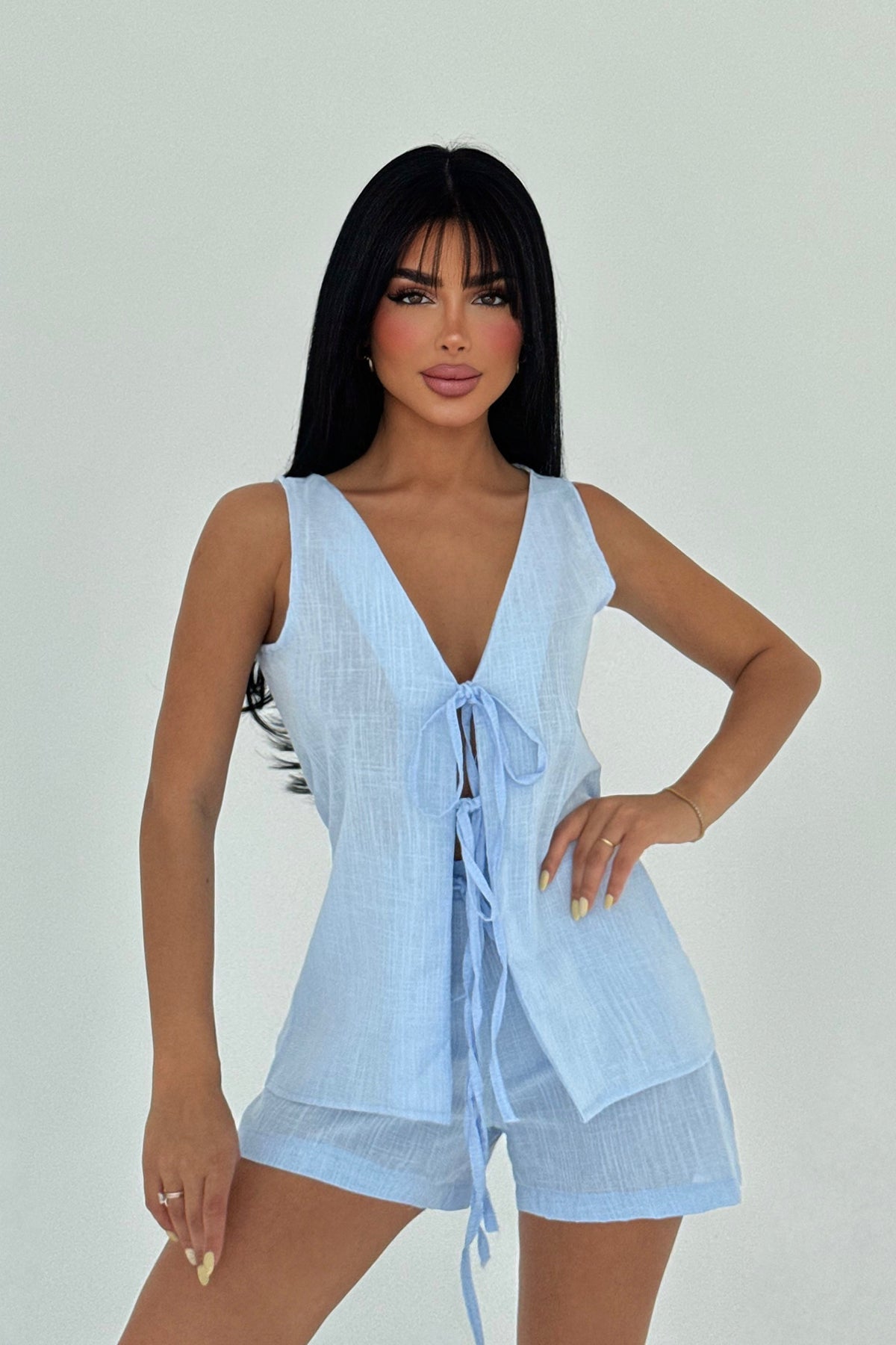 Mavi Luiza Mini Keten Bağlamalı Takım ATE-2966