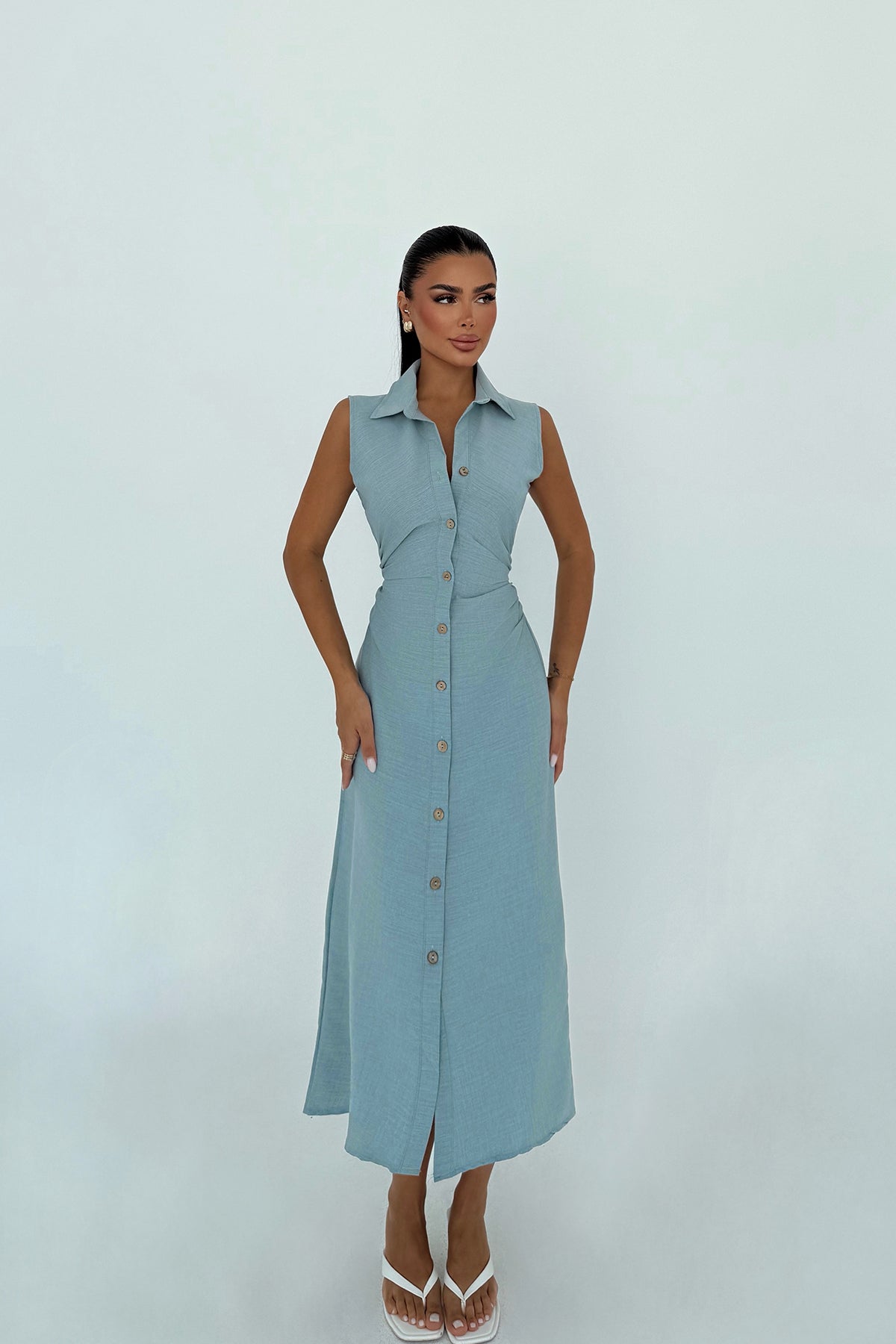 Mavi Lyza Uzun Düğmeli Elbise ATE-3230