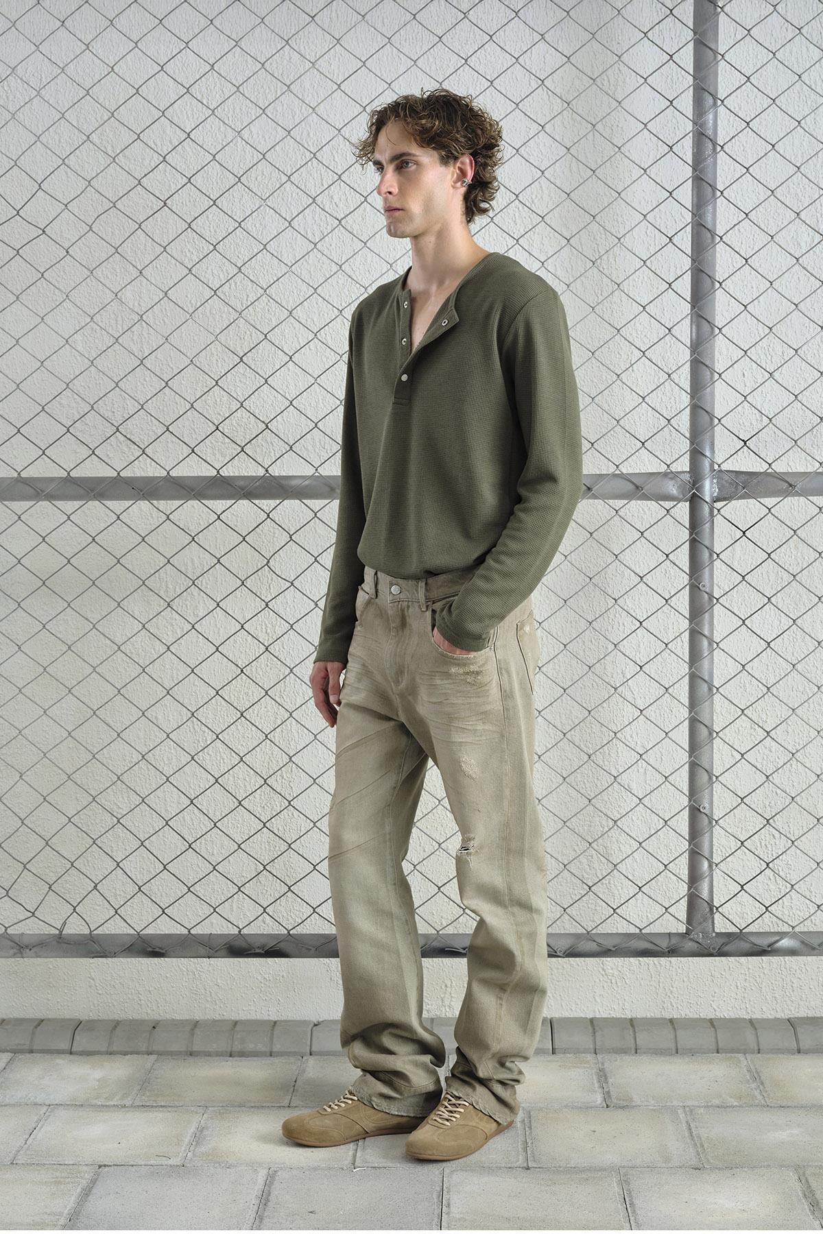 METAL ÇITÇITLI UZUN KOLLU HAKİ T-SHIRT