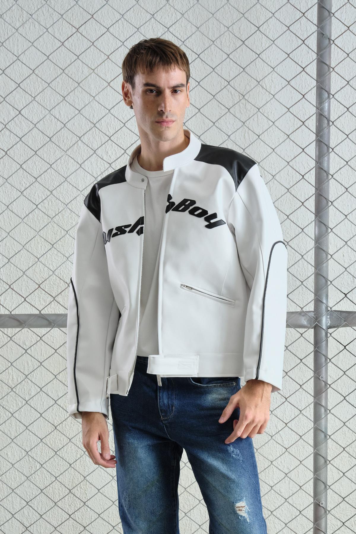 MOTORCU BEYAZ DERİ CEKET