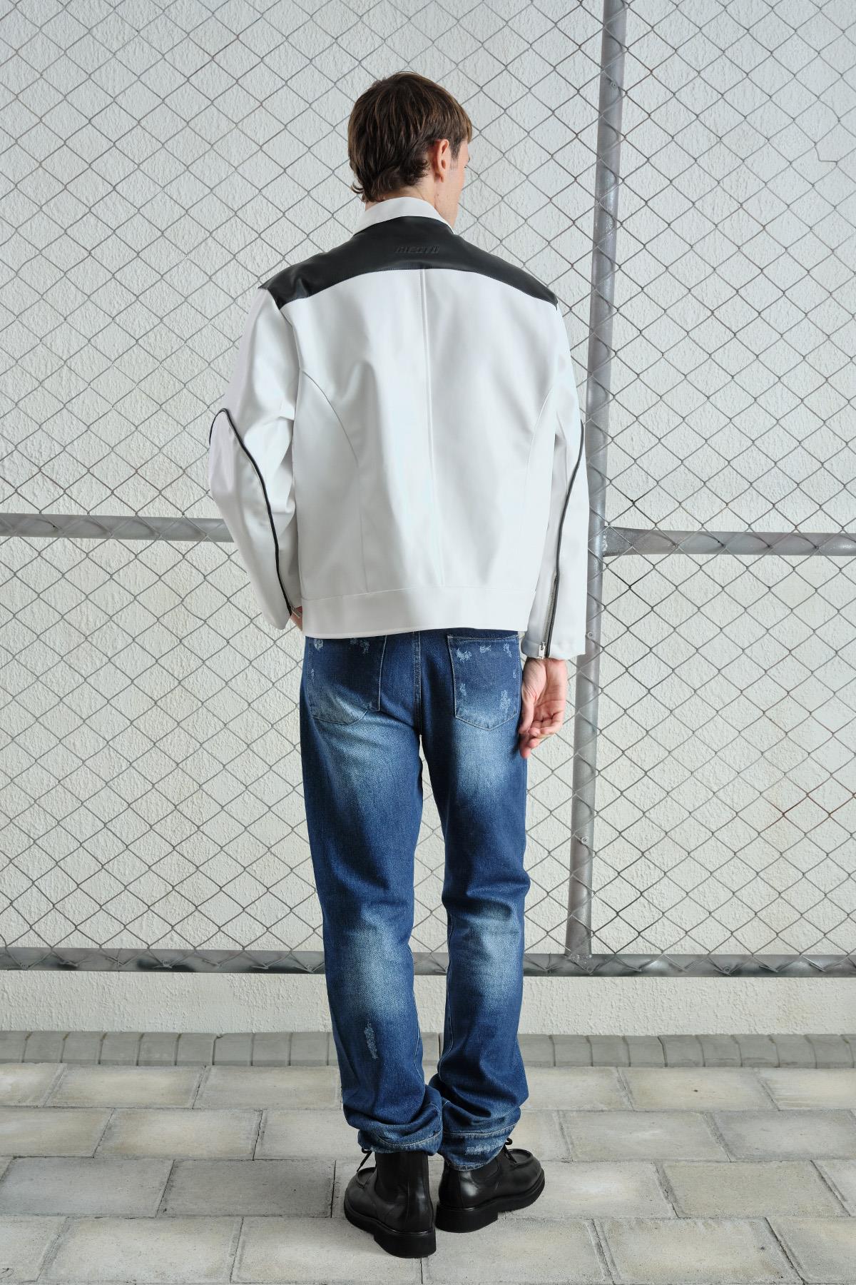 MOTORCU BEYAZ DERİ CEKET