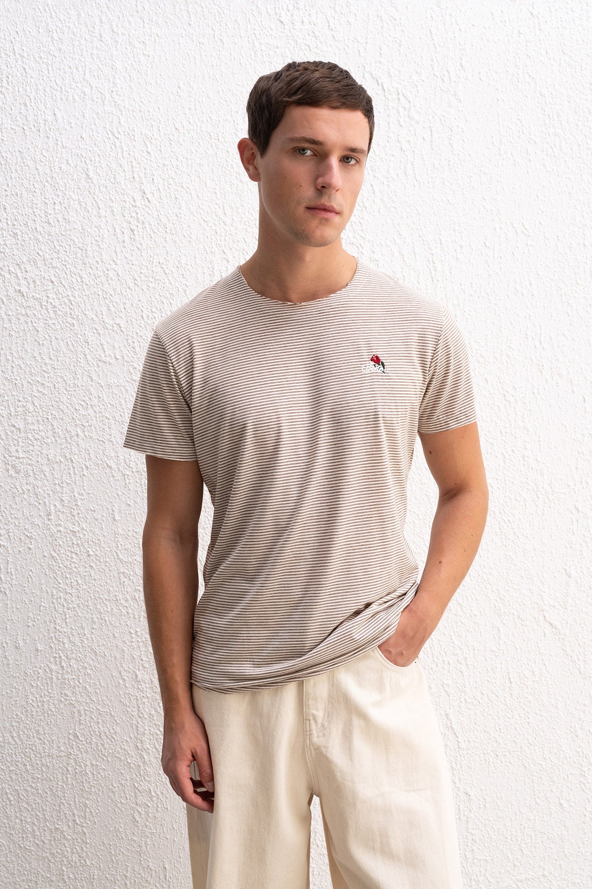 NAKIŞ DETAYLI ÇİZGİLİ KAHVERENGİ T-SHIRT