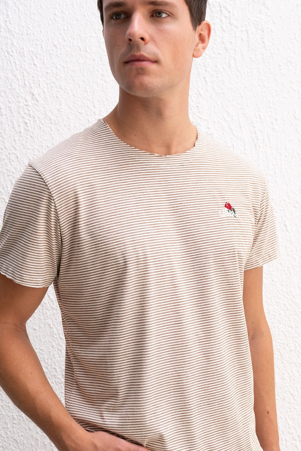NAKIŞ DETAYLI ÇİZGİLİ KAHVERENGİ T-SHIRT - KAHVERENGİ S