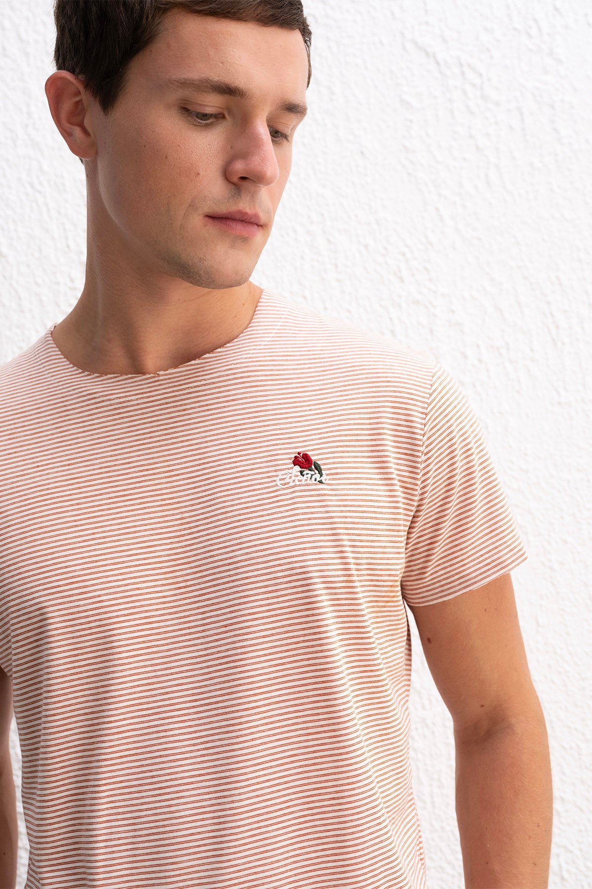 NAKIŞ DETAYLI ÇİZGİLİ KİREMİT T-SHIRT - KİREMİT M