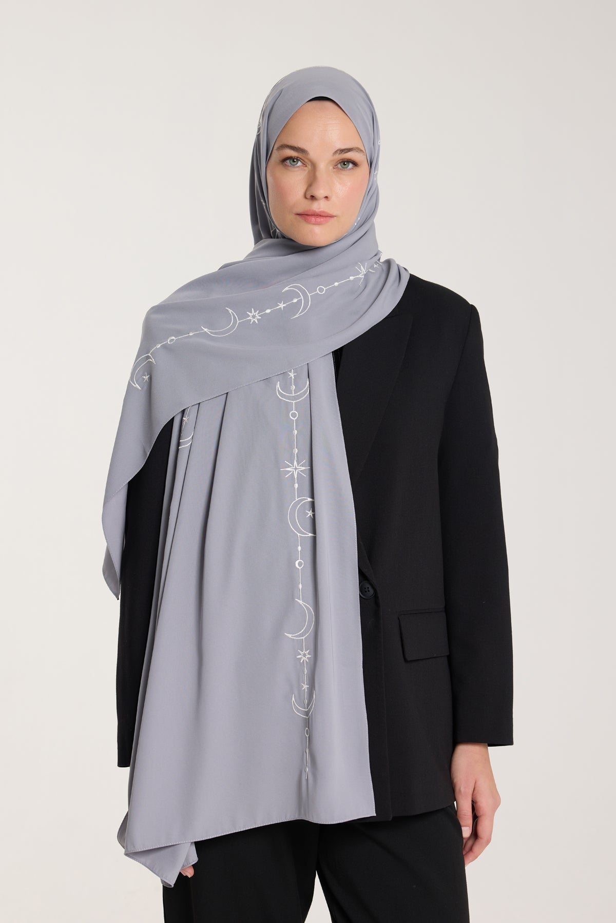 Nakış Şal - Hilal Dokuma - Gri - Beyaz