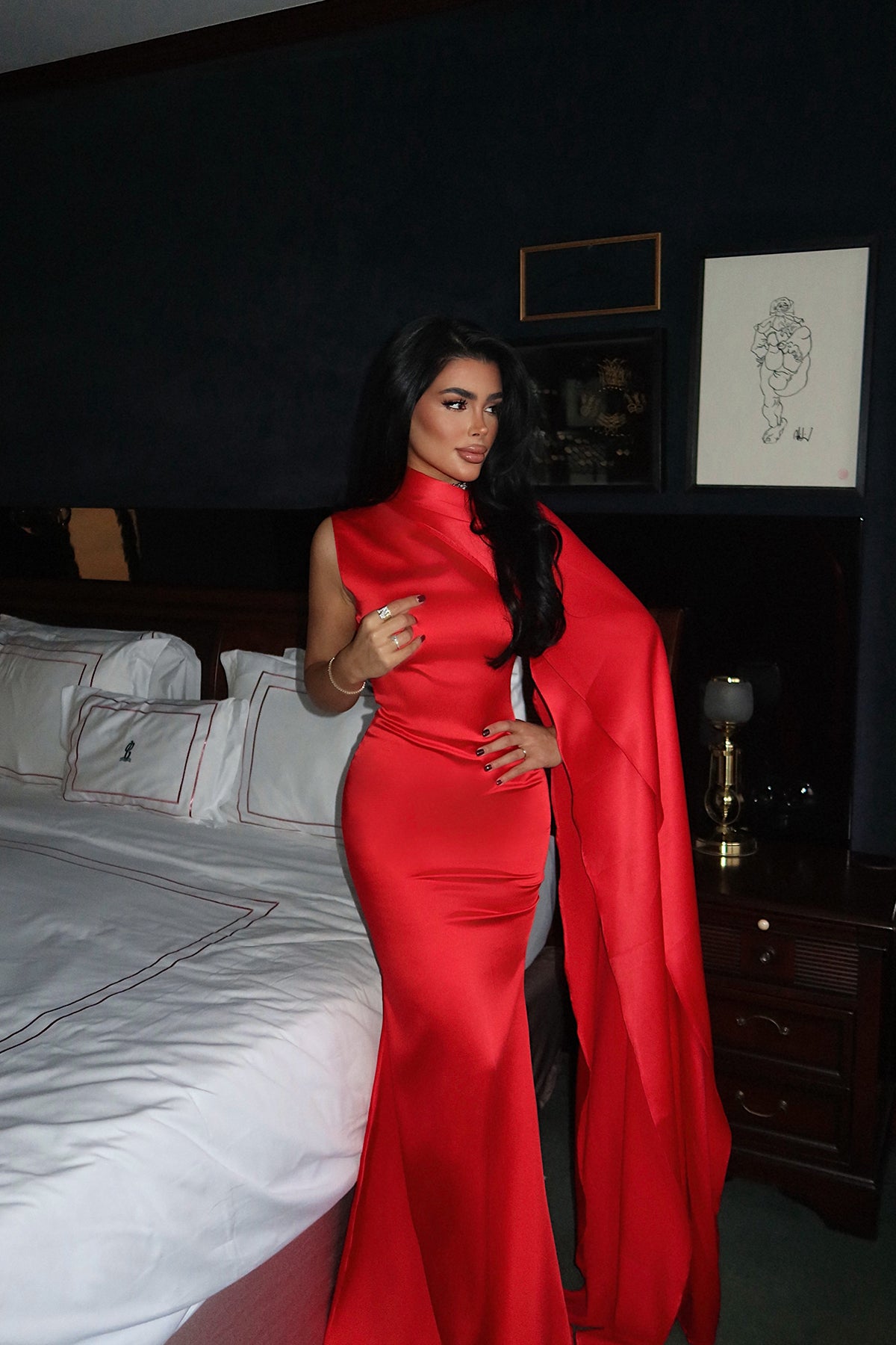 Nar Çiçeği Messcy uzun fularlı elbise ATE-3991