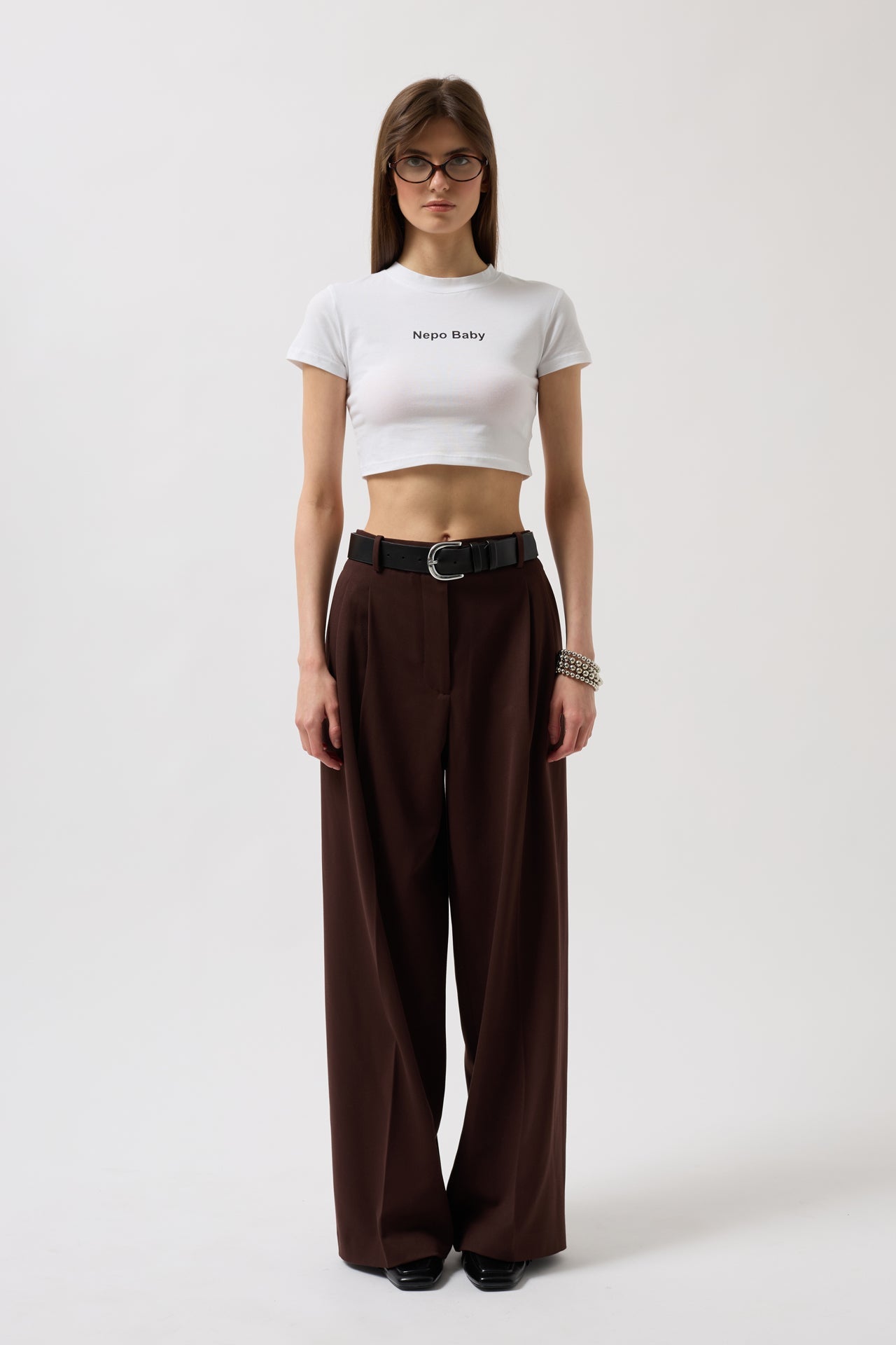 Nepo Baskılı Crop Beyaz T-Shirt