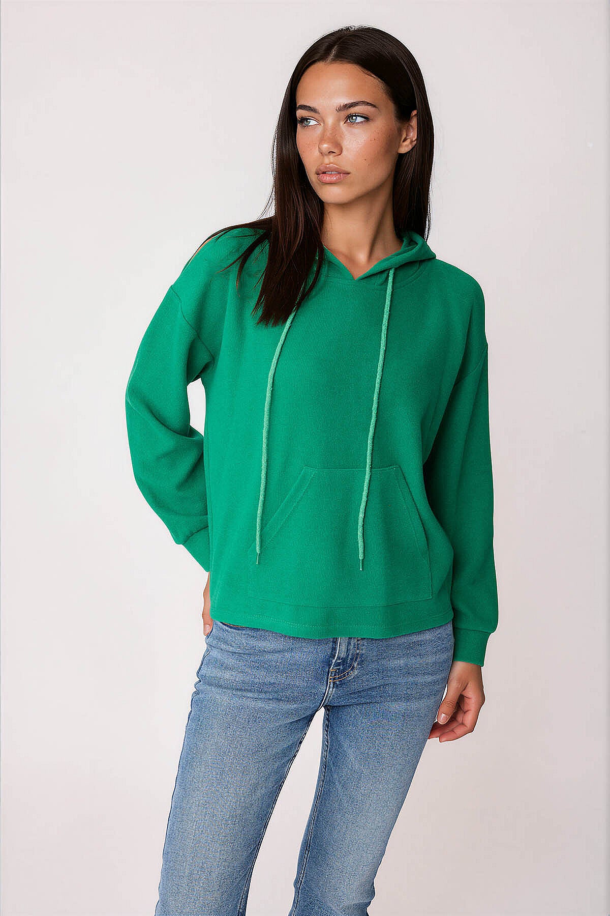 Omuz Dekolteli Kanguru Cep Kapüşonlu Sweatshirt