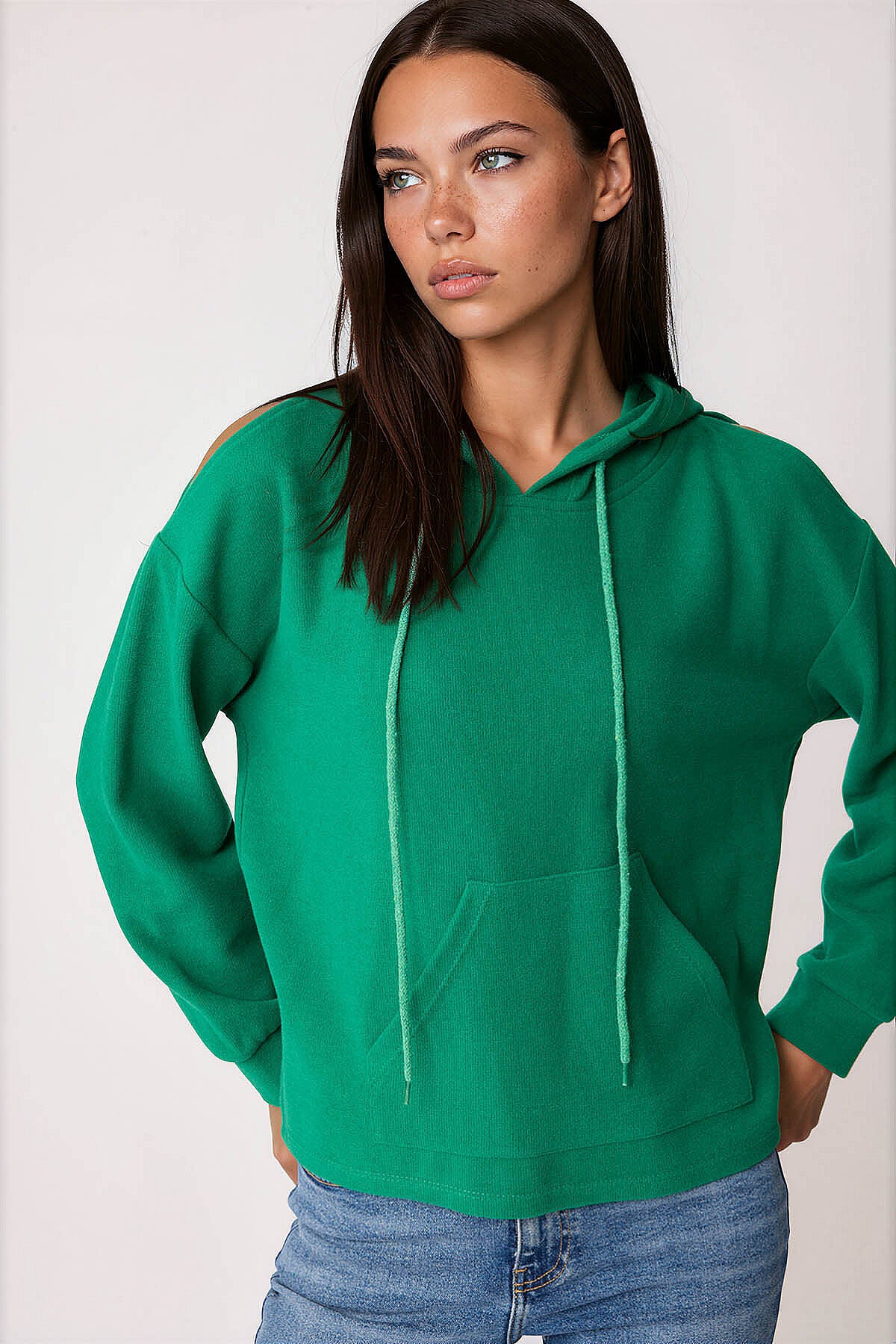 Omuz Dekolteli Kanguru Cep Kapüşonlu Sweatshirt