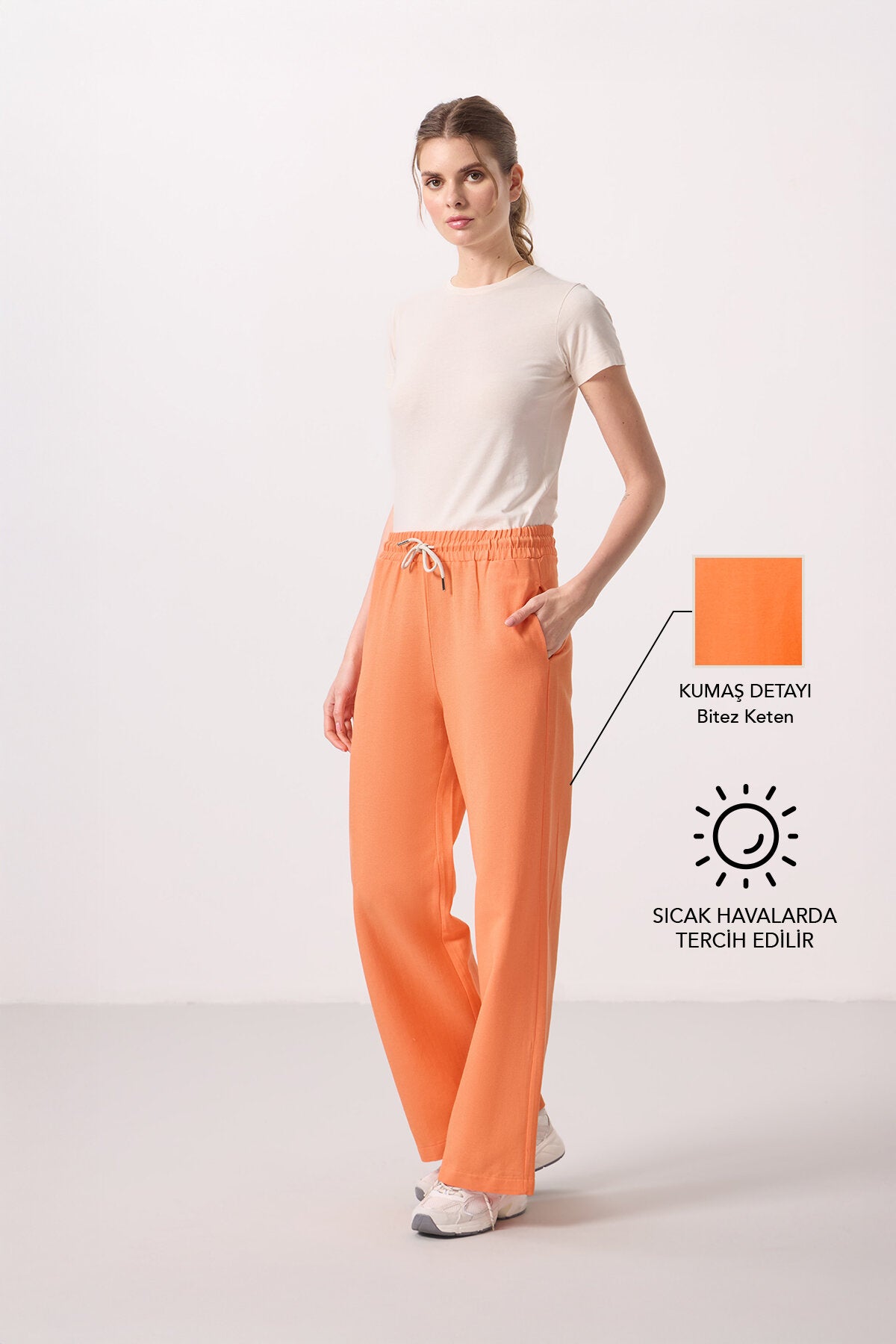 Oranj Keten Geniş Paça Rahat Form Kadın Palazzo Pantolon - 94675