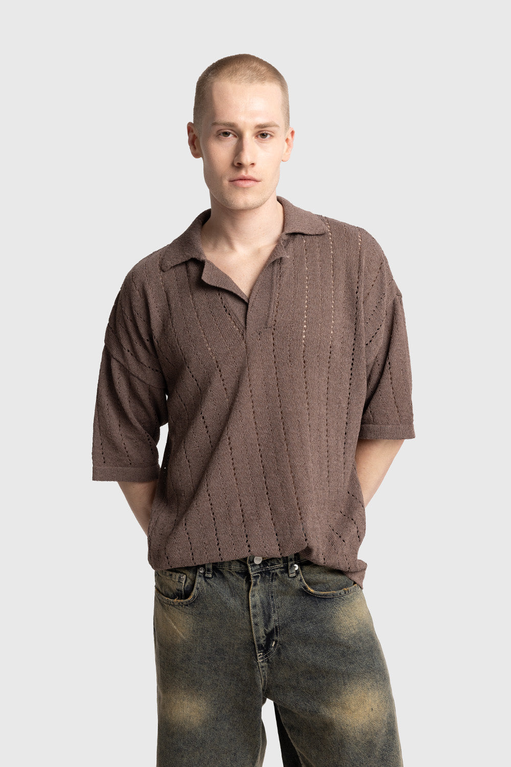 ÖRME TRIKO T-SHIRT - KAHVERENGİ S