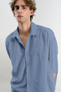 OVERSIZE DRAPED VELVET BLUE SHIRT