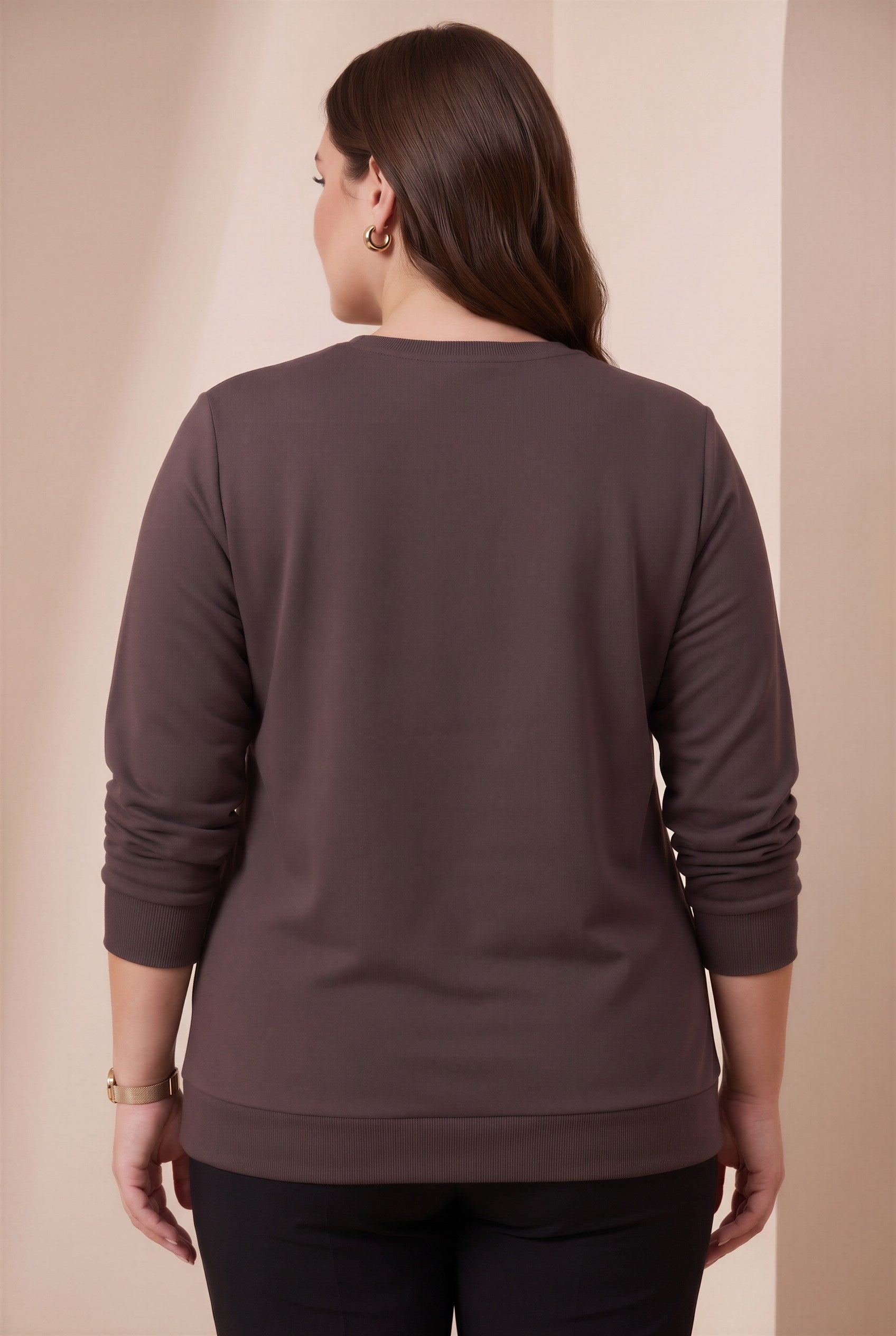 Özel Baskı Detaylı Büyük Beden Örme Modal Sweatshirt Kahve