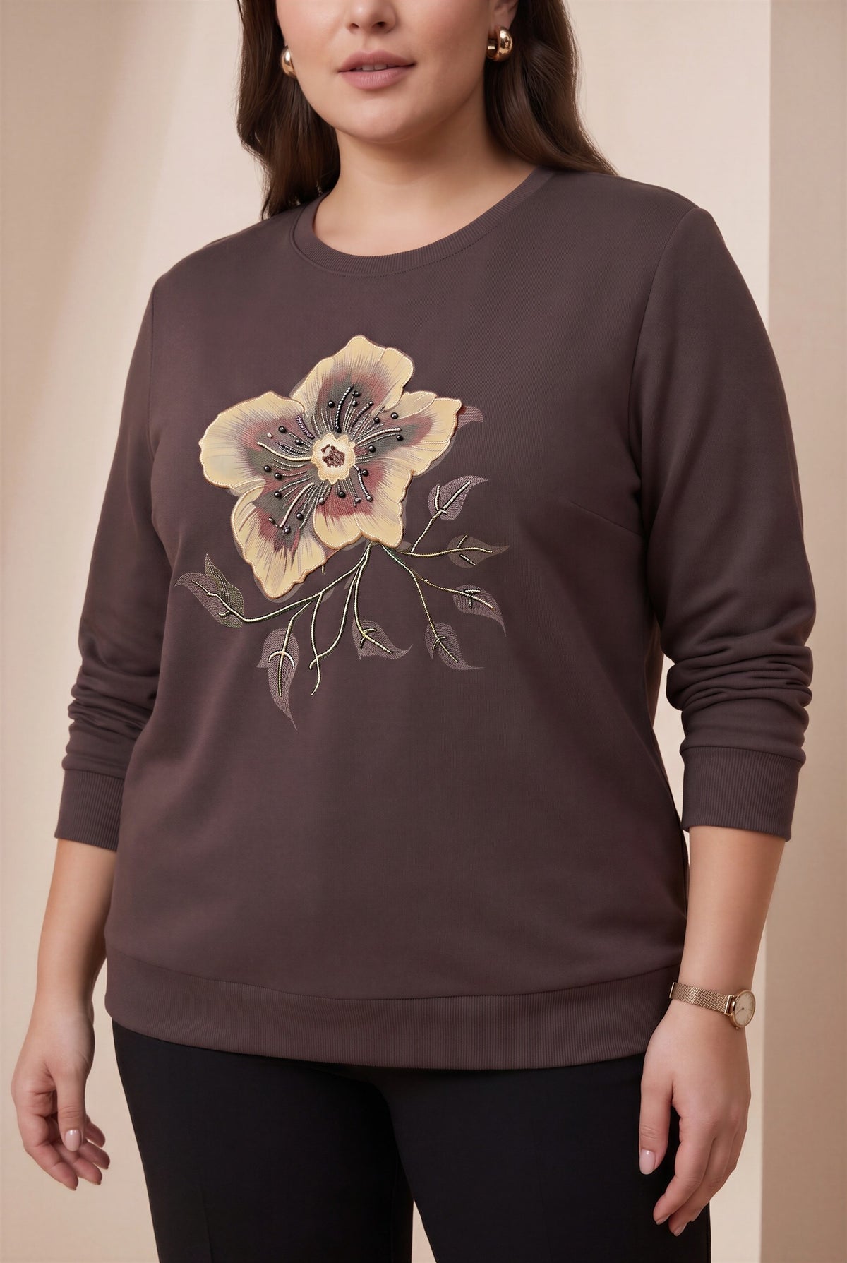 Özel Baskı Detaylı Büyük Beden Örme Modal Sweatshirt Kahve